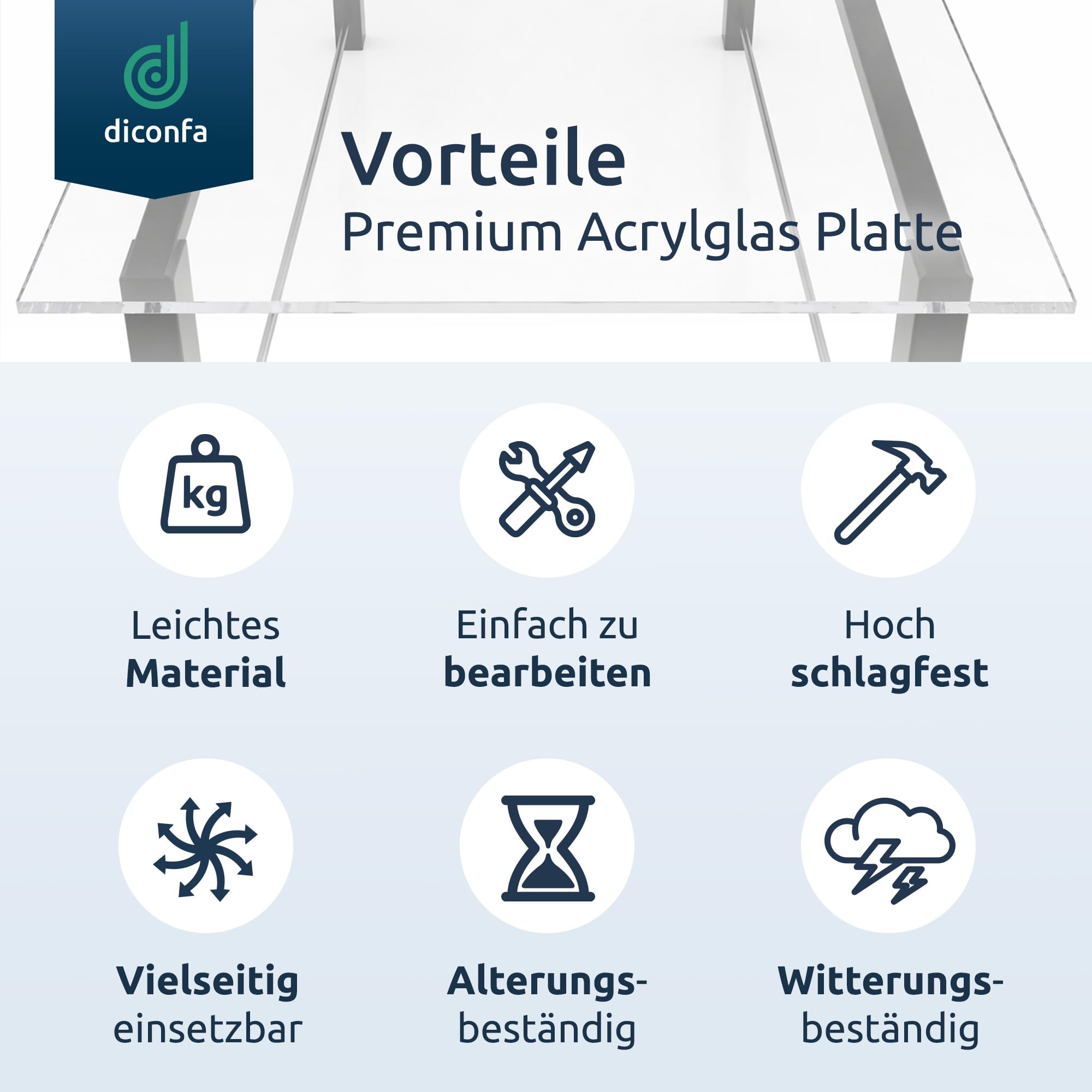 diconfa PROFILINE Acrylglas Platte XT nach Maß - DICKE 5 bis 10mm und GRÖßE WÄHLEN - 600 x 400mm, 8mm stark - glasklar transparent durchsichtig UV-beständig stabile Kunststoffplatte PMMA