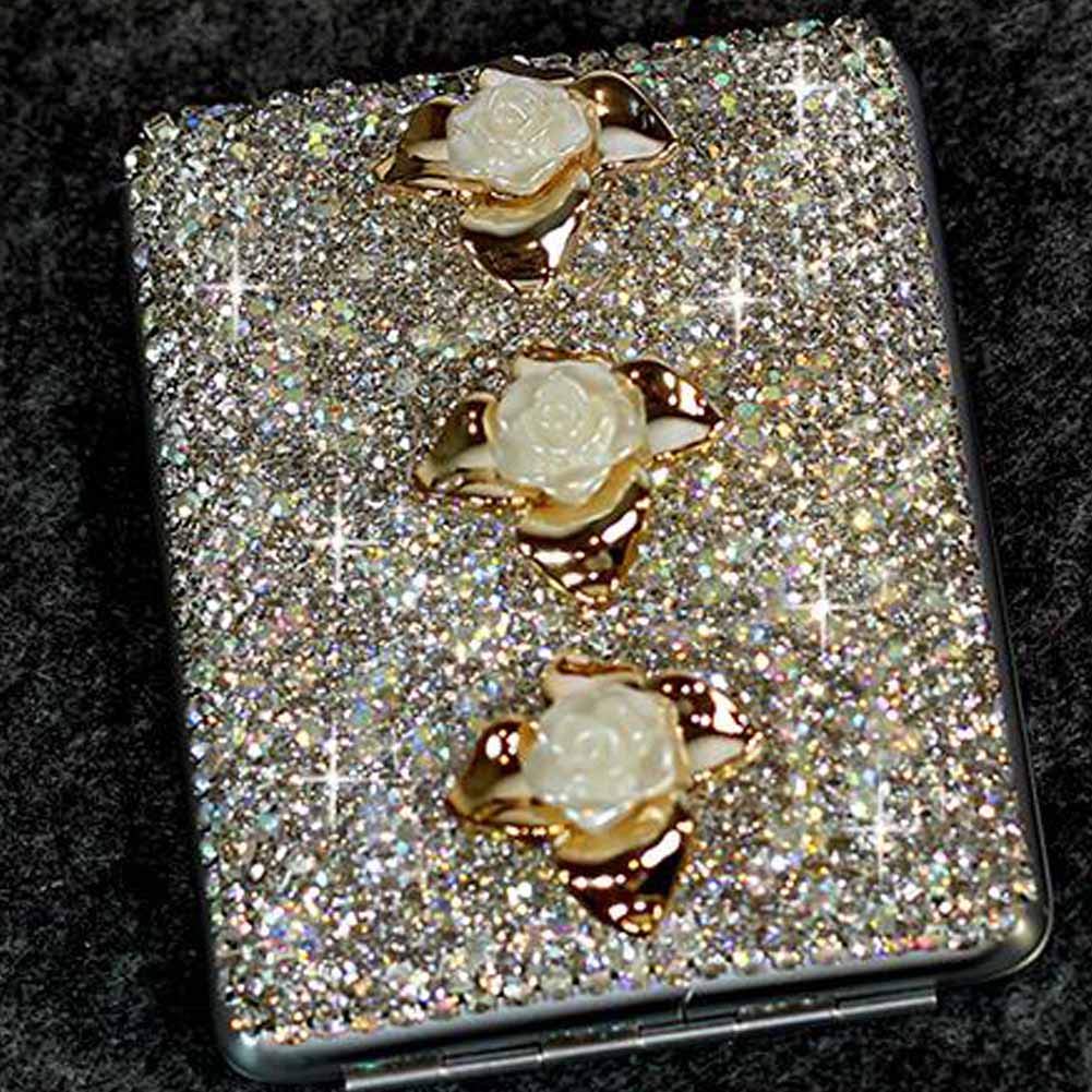 Women Metal Rhinestone Cigarette Case Storage Case Bling Bling Cigarette Box, White