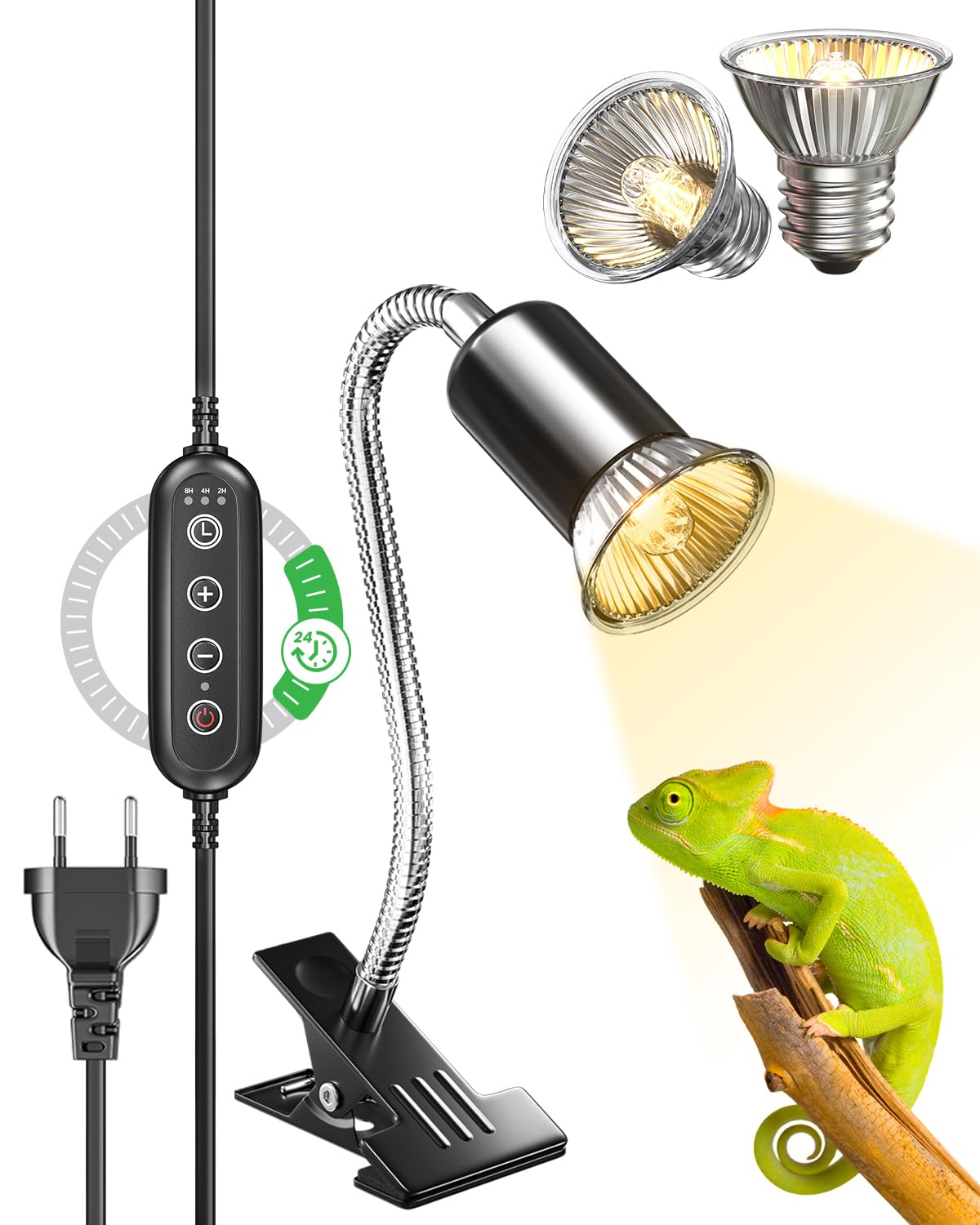 Glowup Reptilien Wärmelampe, Timer-Schildkrötenlicht Sonnenplatzlampe mit Clip, für Reptilien, Schildkröten, Eidechsen, Schlangen - E27 Glühbirnen enthalten