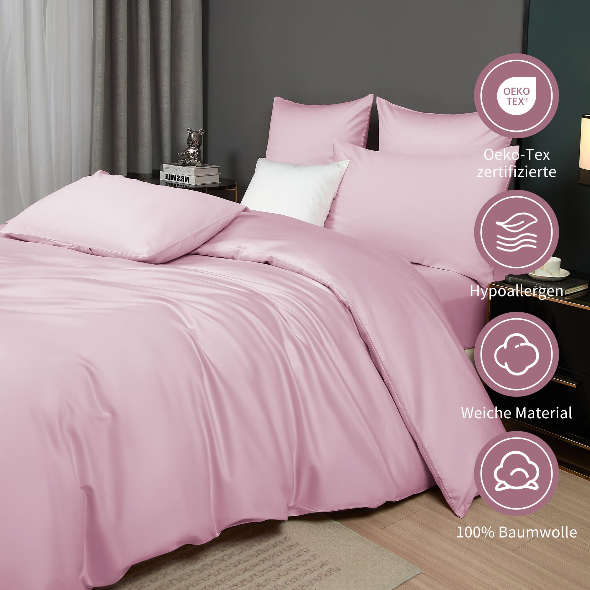 Luowei Biancheria da letto in cotone satinato, 135 x 200 cm, 100% cotone a fibra lunga, delicata sulla pelle, set di biancheria da letto con chiusura lampo e 1 federa 80 x 80 cm
