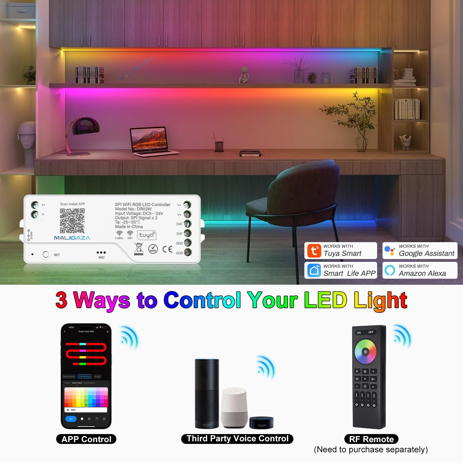 MALIIGAZA LED WiFi SPI RGB Controller, WS2811 Tuya APP/Smart Life/Google Home/Alexa Control for Addressable LED Strip Light Support WS2813 WS2815 etc LED Strip STA Mode