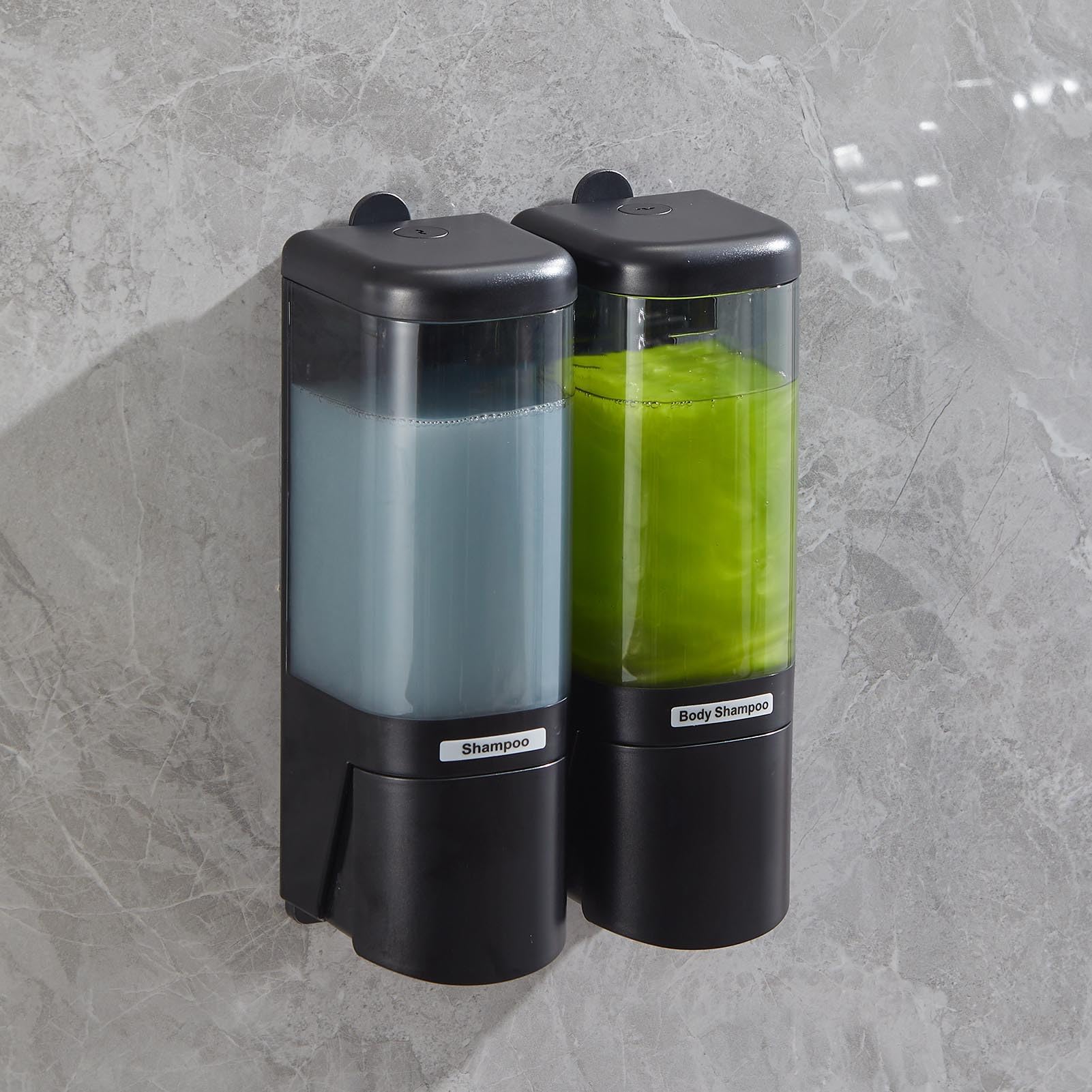 Ręczny dozownik mydła w płynie 2 komory 480 ml Szczelny dozownik mydła i prysznica do montażu na ścianie do szamponu w płynie Łazienka Kuchnia (Black)
