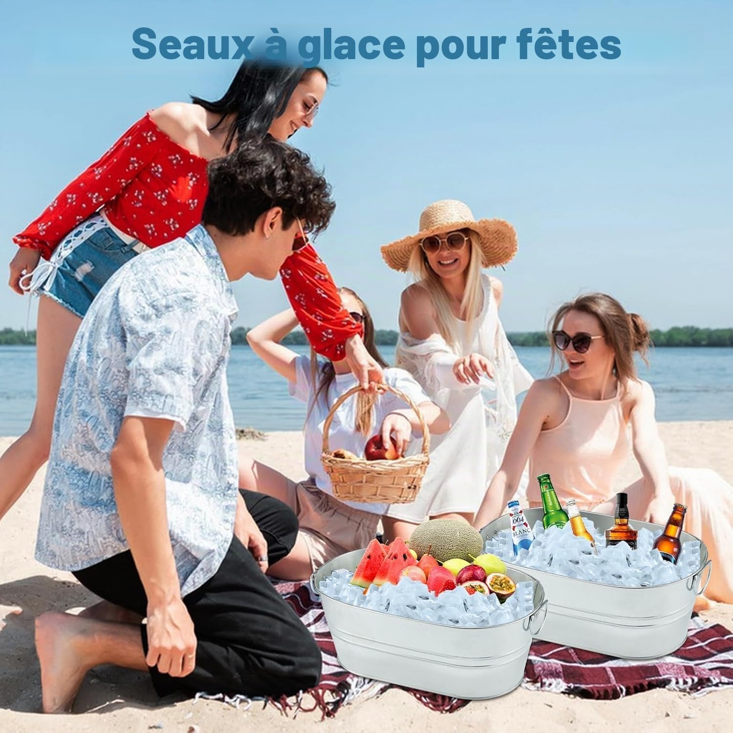Lot de 4 grands seaux à champagne galvanisés de 13 L avec poignée de transport pour fêtes, barbecues et bars, bouteilles de refroidissement, canettes de bière ou boissons gazeuses, bière, champagne