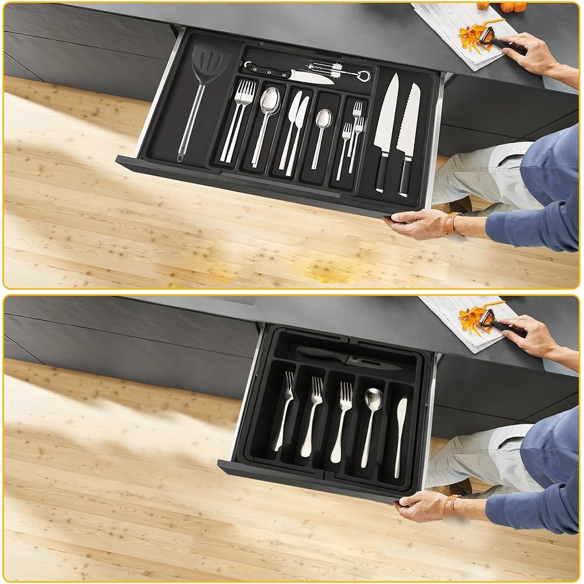 Organizador de cajones para cubiertos, soporte ajustable para utensilios de cocina, bandeja expandible para cubiertos, bandeja compacta de plástico para cucharas, tenedores y cuchillos.