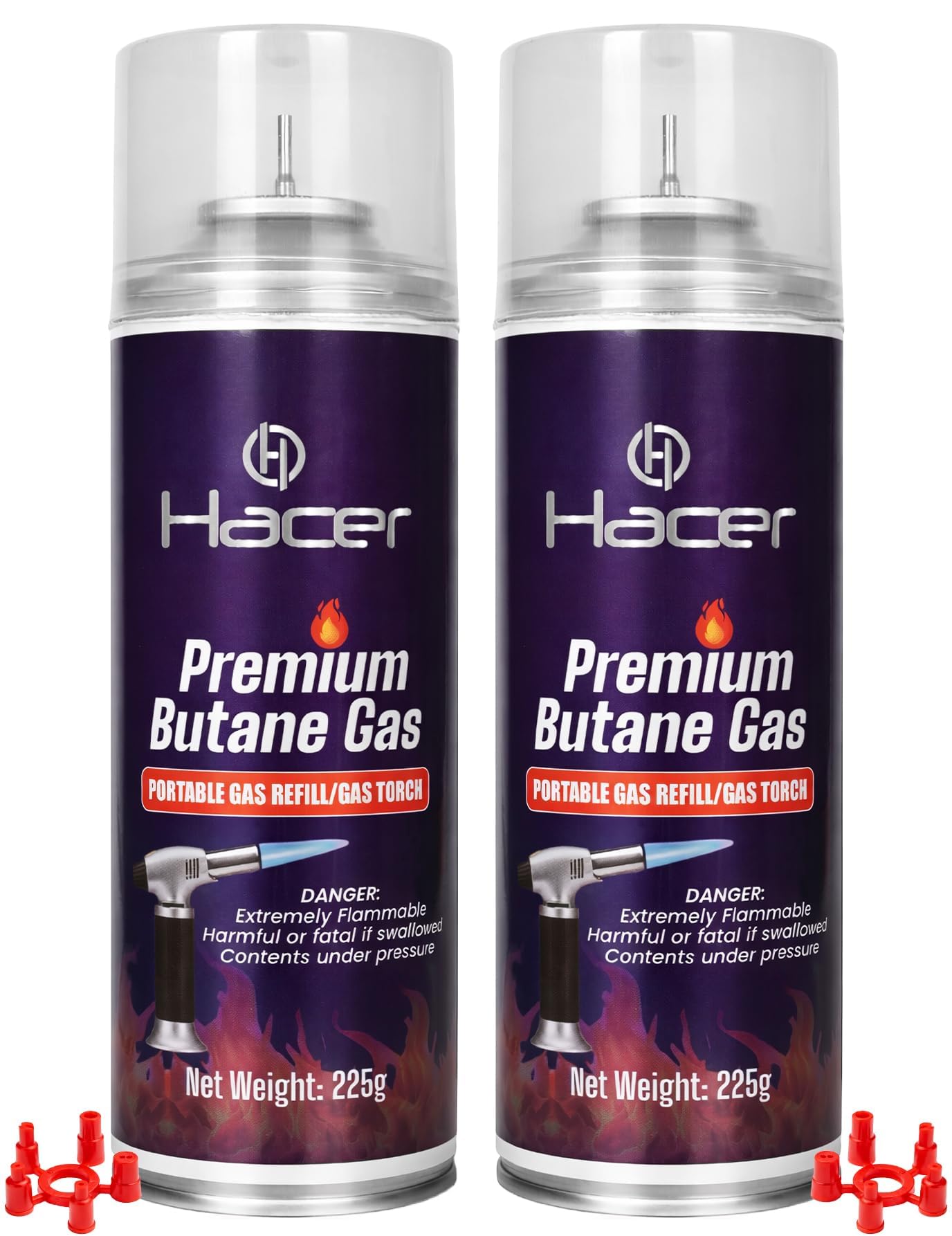 HACER 225g Gas Lighter Refill Premium Butane Canister | Universal Nozzle Can | Suitable for All Kitchen, Candle & Multipurpose Gas Lighters (Pack of 2)