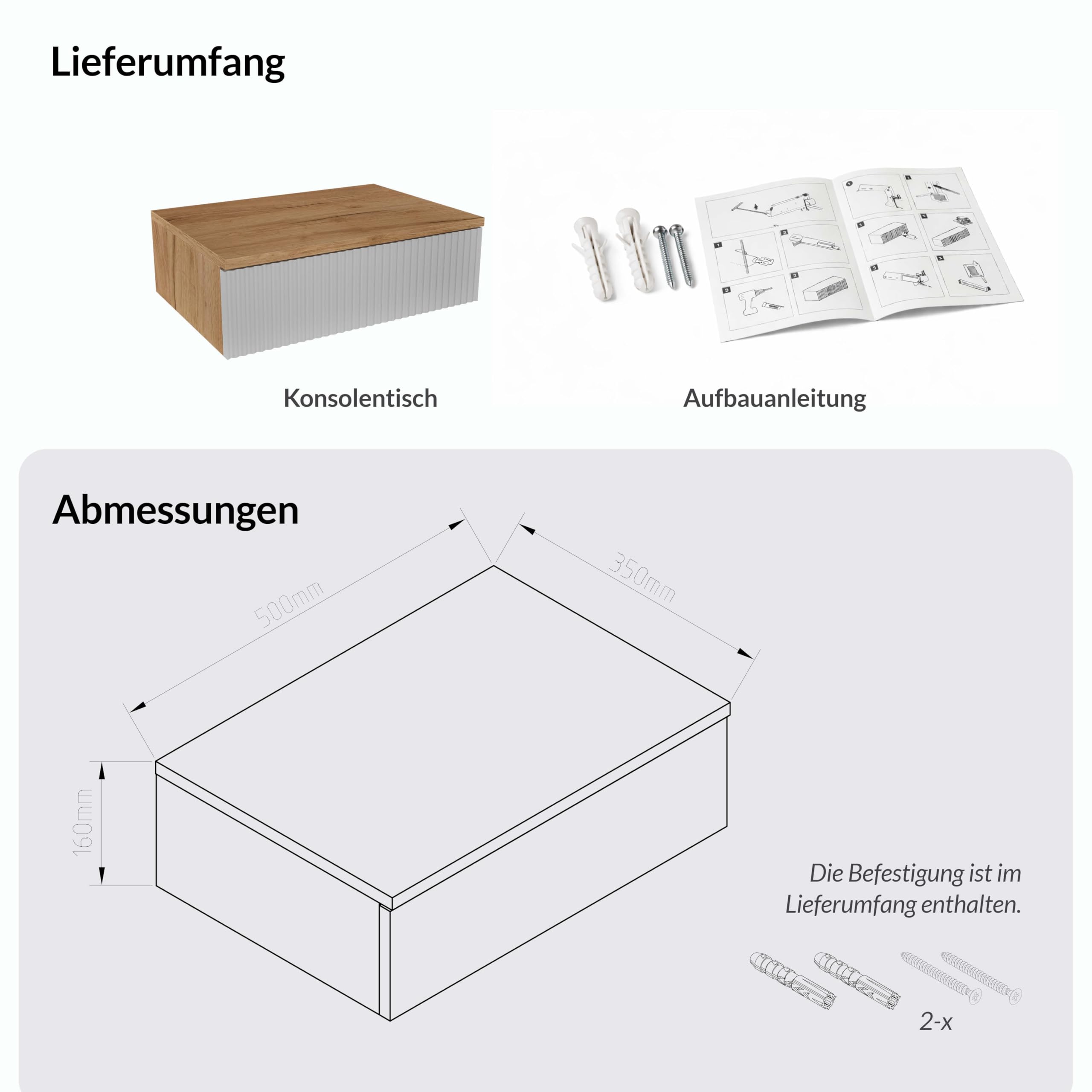 Planetmöbel Amyra Konsolentisch schmal mit Schublade, Wand-Konsole für Garderobe, Flur und Schminktisch, Gold Eiche/Weiß, Wandmontage, 50 x 16 x 35 cm