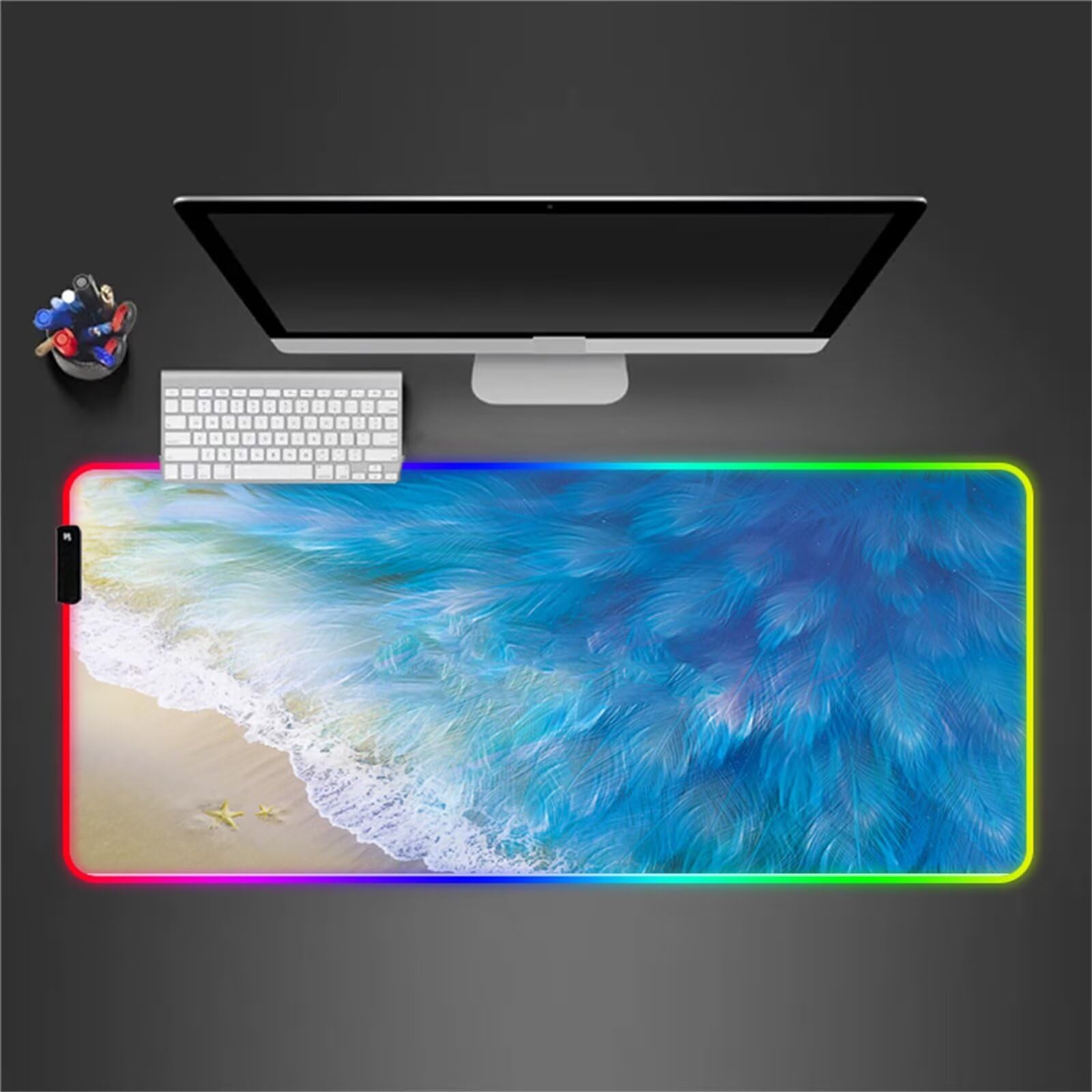 Tappetino per Mouse RGB XXL Grande Tappetino per Mouse da Gioco LED Spiaggia Astratta dell'Onda 900x400x4mm con 14 Modalità di Illuminazione e Base in Gomma Antiscivolo per Giochi Lavoro e Studio