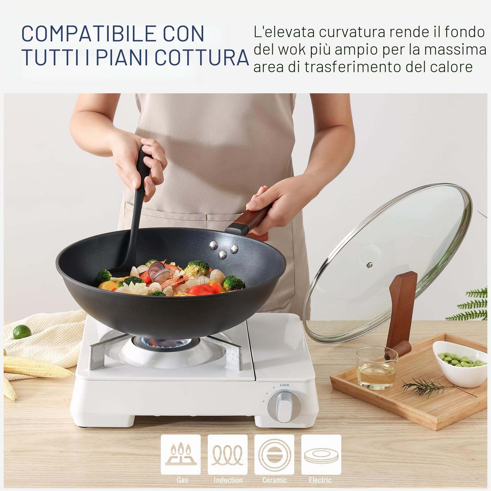 Kordisen Wok Antiaderente 33 cm/5,6 L con Coperchio, Senza Rivestimento Chimico, Wok Pre-stagionato, Adatto a Induzione/Elettrico/Gas