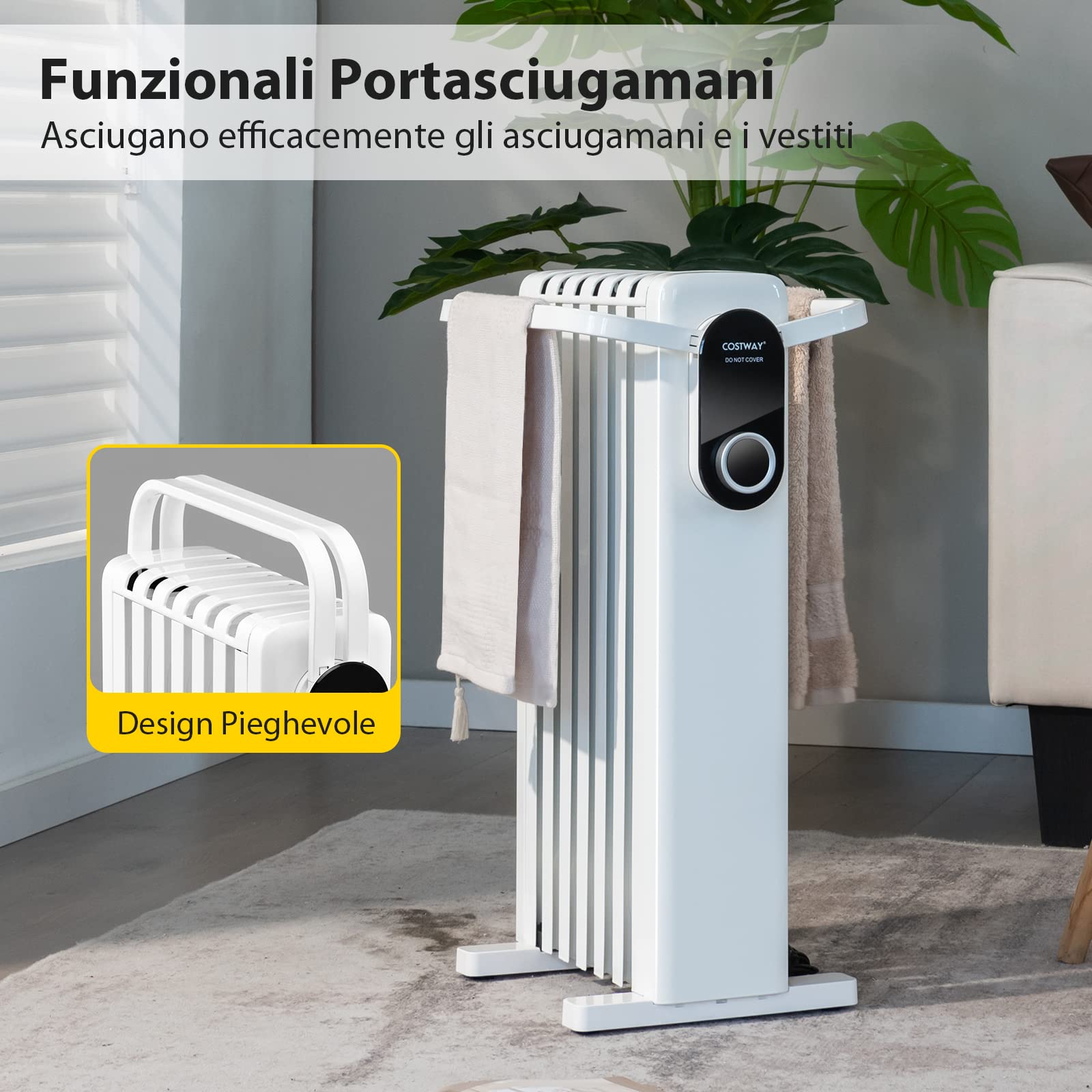 COSTWAY 1500W Radiatore ad Olio Basso Consumo, 3 Livelli di Riscaldamento 7 Elementi, Protezione Surriscaldamento e Ribaltamento, Portasciugamani e Ruote Smontabili Integrate, Silenzioso (Bianco)