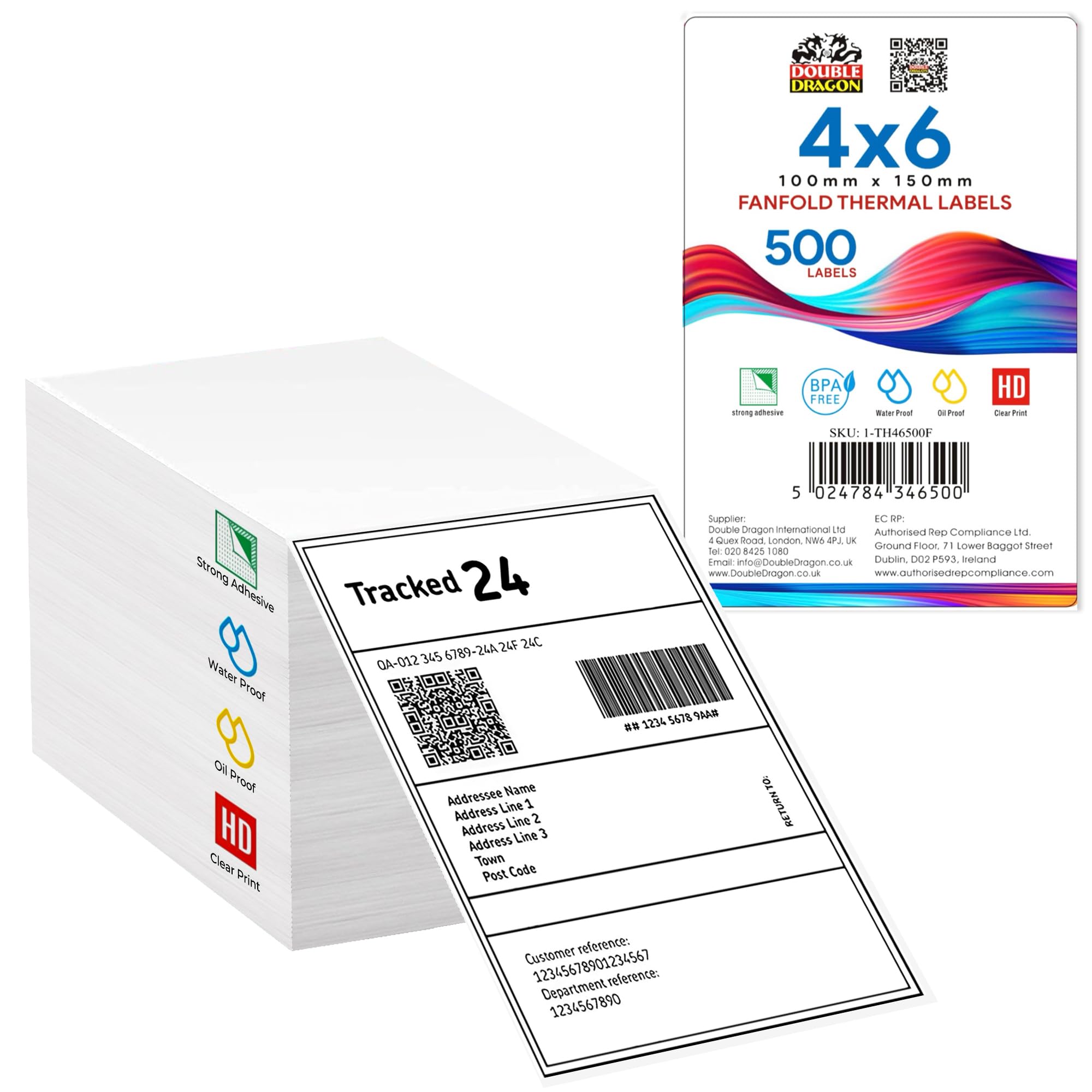 Double Dragon 100 x 150 mm (4" x 6"), 500 Fanfold Labels Premium Coated, Permanent Adhesive, Compatible with Zebra, MUNBYN, Rollo, TSC, Toshiba, Citizen Label Printers (1 Stack)
