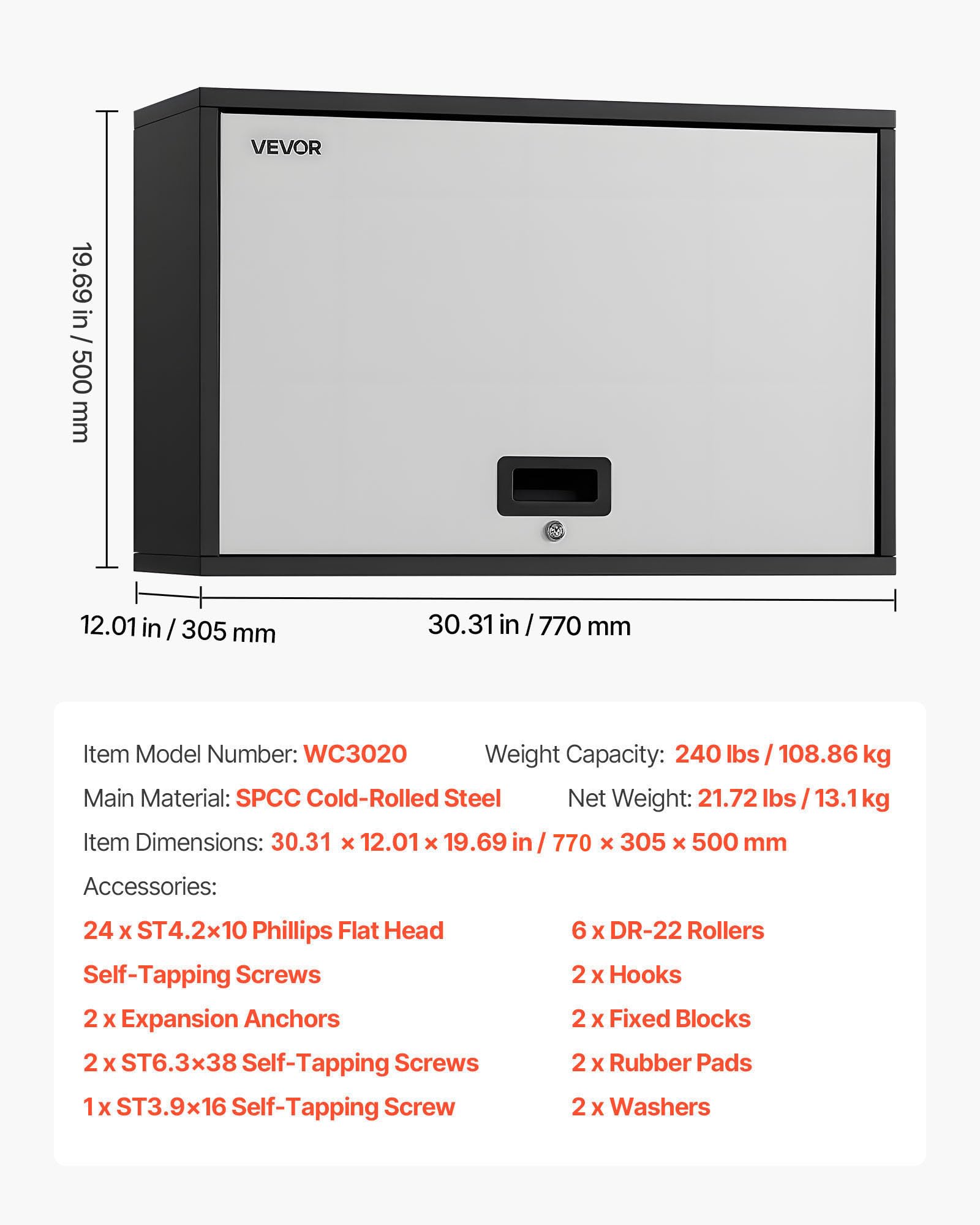 VEVOR Szafa wisząca warsztatowa, 700 x 305 x 500 mm, szafka na narzędzia ze składanymi drzwiami i regałem, nośność 108,86 kg, szafka wisząca na ścianie, nadaje się do garażu, piwnicy, kuchni, magazynu