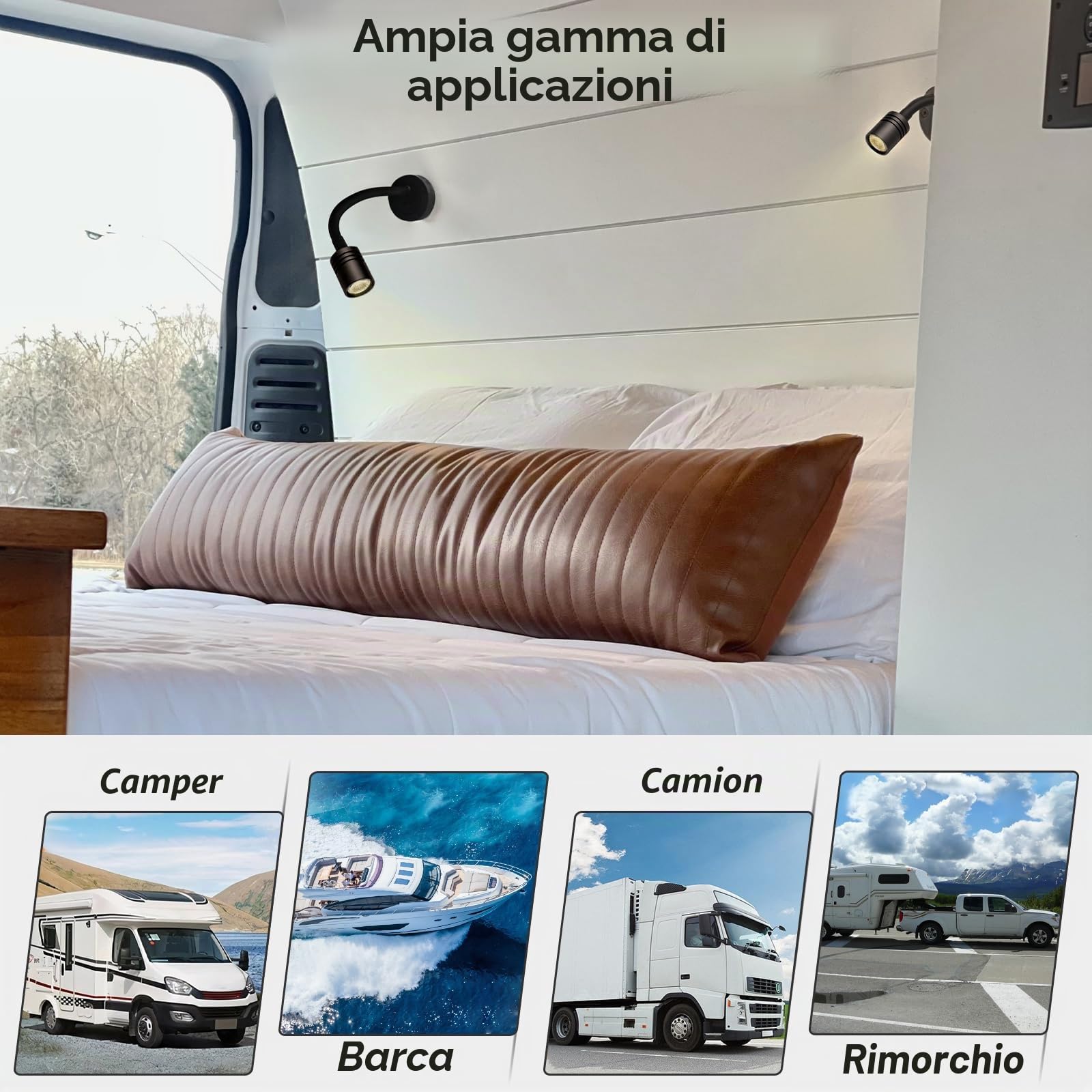 2 x Lampade da Lettura LED 12V Camper Dimmerabile Luce da Comodino Nero 3200K DC12V-24V per Barca Furgone Rimorchio Cabina, Flessibile Collo di Cigno con Caricatore USB & Interruttore Dimmer