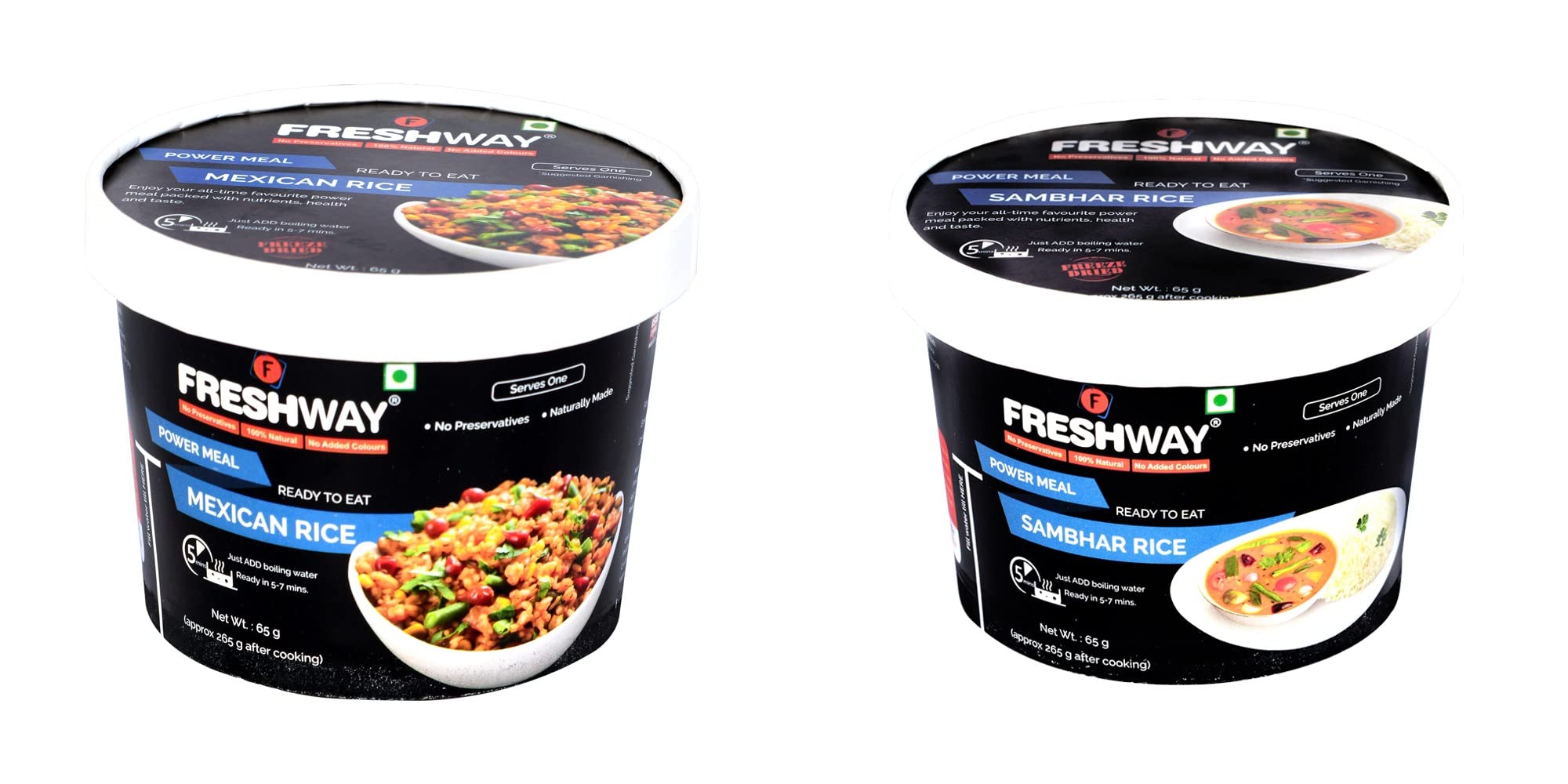 Freshway Ready-to-Eat Pack of 2 – Mexican Rice & Sambhar Rice | Freeze-Dried Indian Meals | No Added Preservatives or Artificial Colors | Healthy, Convenient & Wholesome Instant Meal
