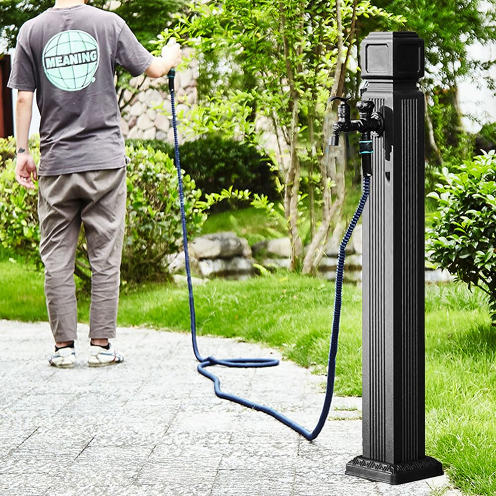 Stainless Steel Cylindrical Vertical Garden Water Column Freestanding Hose Stand with 15M High Pressure Water Pipe, Water Hydrant Decorative Water Feature Fountain,34in