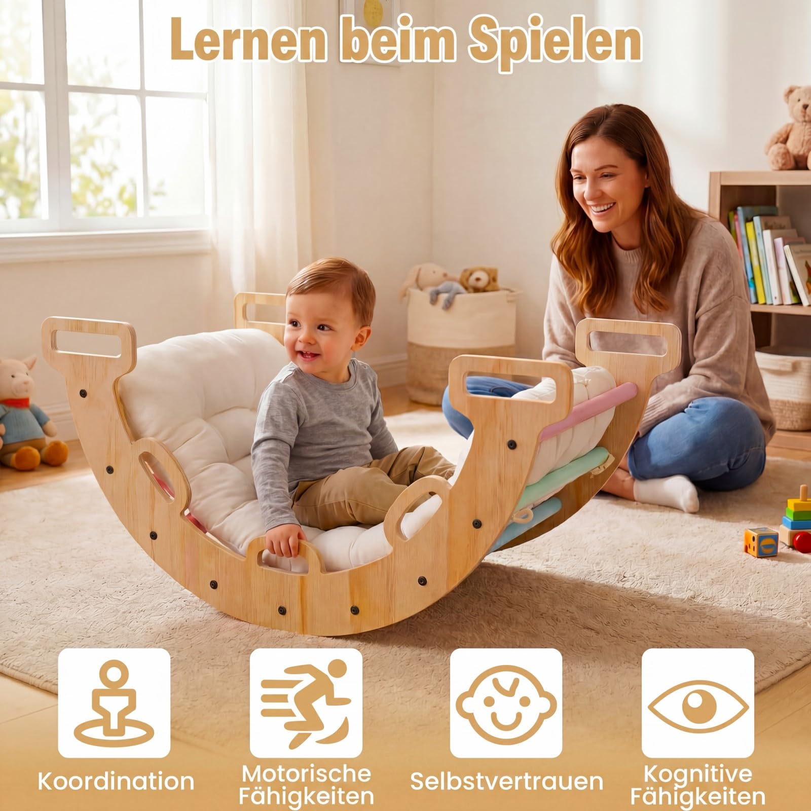 COSTWAY Kletterbogen Holz mit Kissen, Montessori Kletterwippe, Kletterdreieck zum Wippen, Klettern und Krabbeln, Bogenwippe, Regenbogen, Indoor Klettergerüst für Kinder ab 3 Jahre (Macaron)