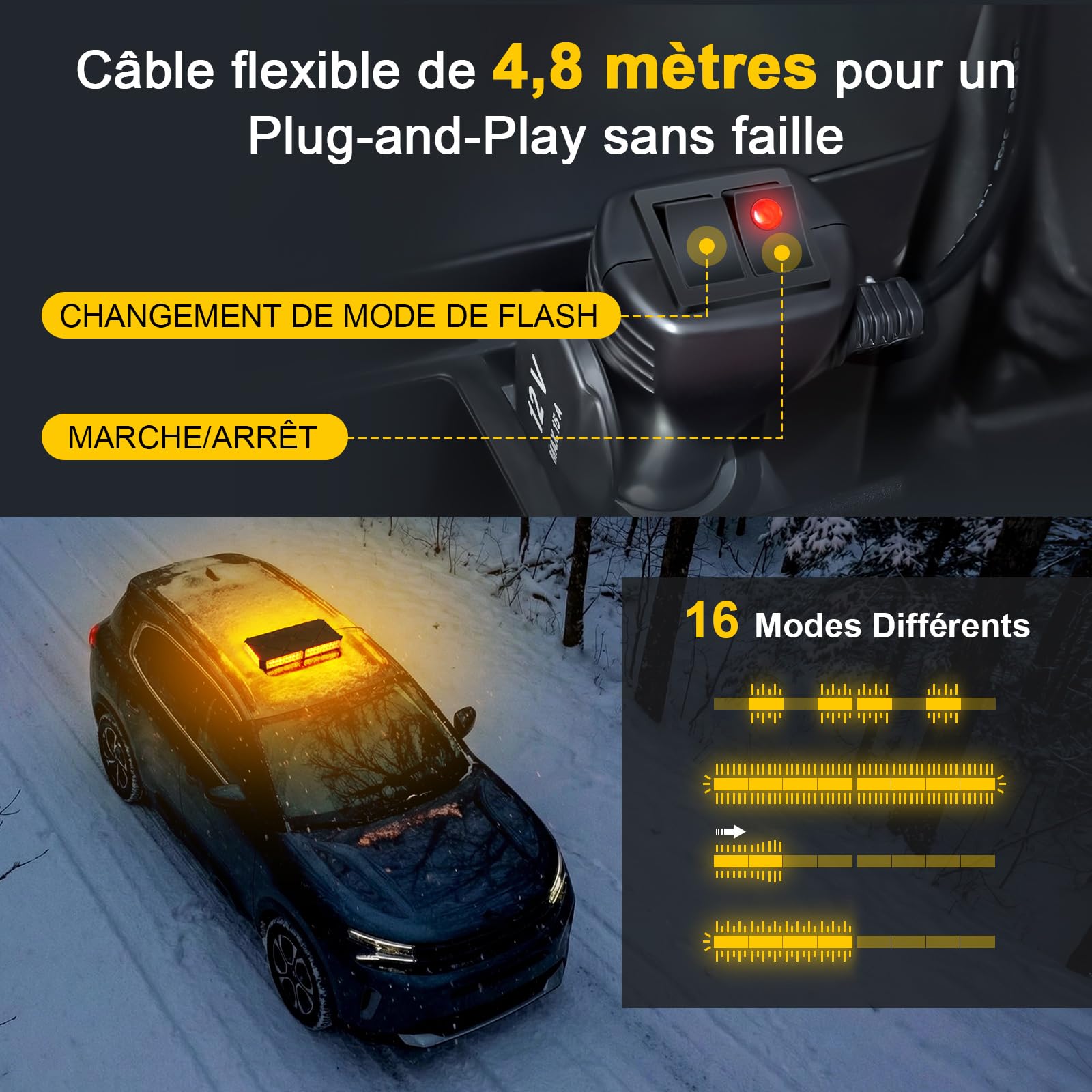 Rampe Gyrophare LED Magnétique 12V 24V, Orange, 48 LEDs, IP67 | Base Aimantée 130 km/h, Câble 4,8m, 16 Motifs Stroboscopiques, Patin Anti-Rayures, pour Utilitaires et Chantiers