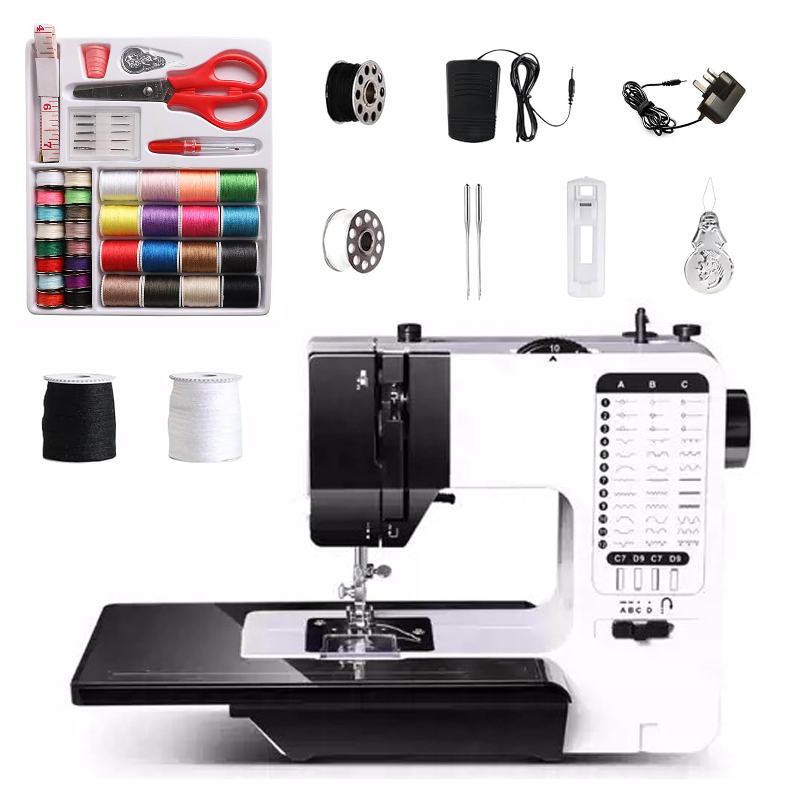 Nähmaschine mit Anschiebetisch, 38 Stichprogrammen Tragbare Elektrische Nähmaschine mit LED Licht & Fußpedal, Nähzubehör Set Mini Nähmaschine für KleidungKissenbezüge Bettlaken