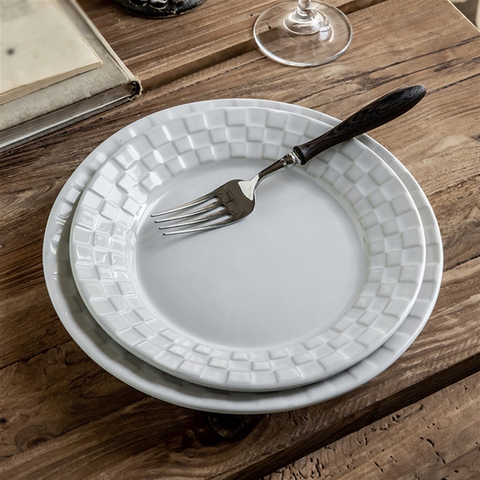 Talerze Obiadowe Vintage talerz do jadalni strona główna kuchnia Cafe deserowy ceramiczny w kratę czysty biały płaski prosty ładny dysk
