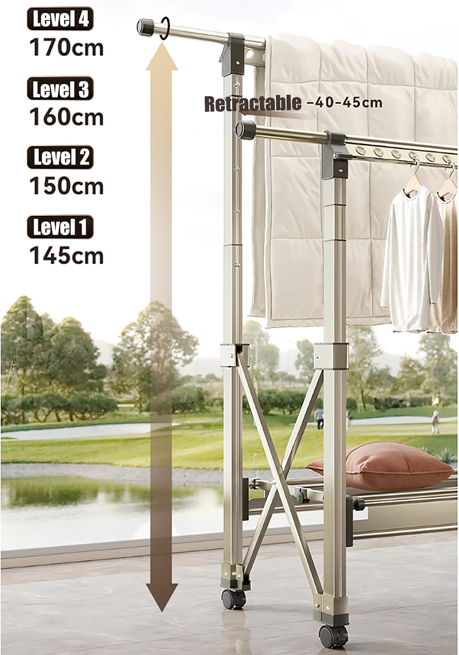 Faltbarer Aluminium - Wäschetrockner für Innenbereich & Balkon, Höhenverstellbar, Ideal für Haushaltswäsche,Silber,110~188x35x110~135CM