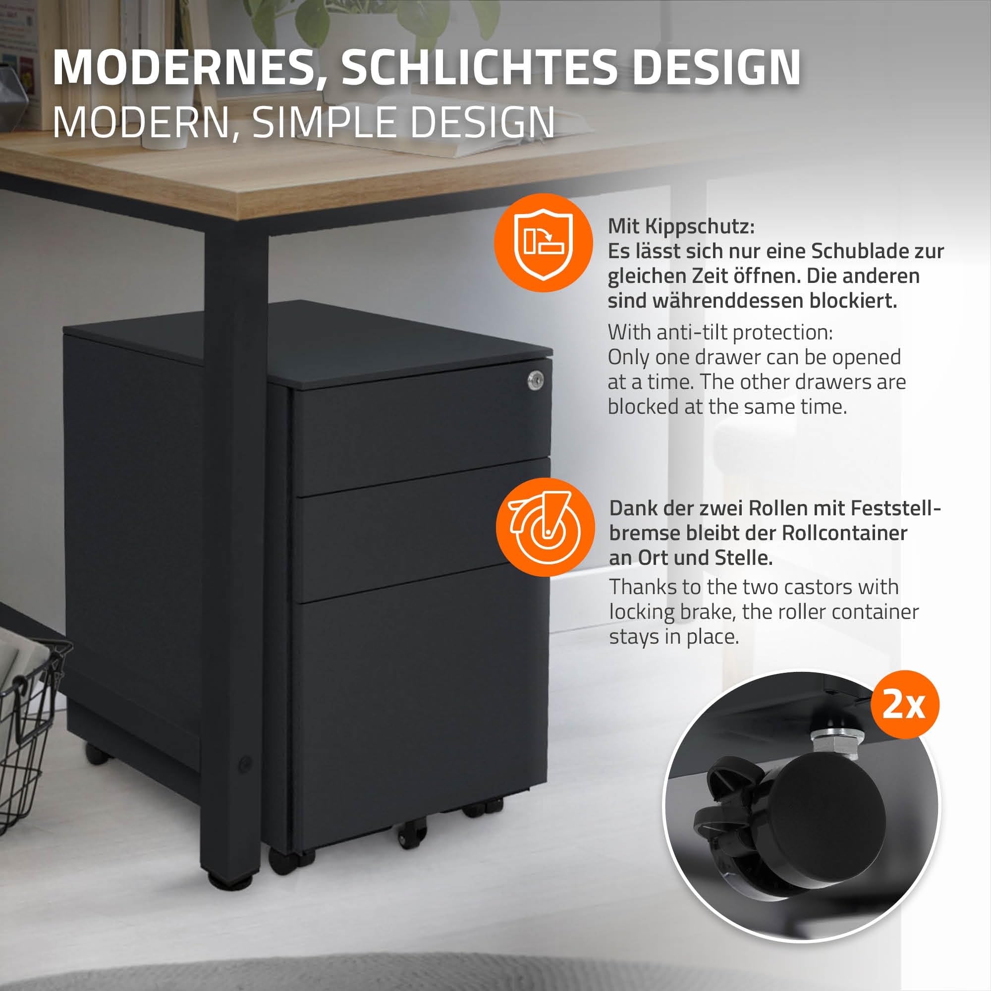 ML-Design Cassettiera da Ufficio con 3 Cassetti e Serratura Acciaio Antracite 39x50x56cm Mobili per Documenti Armadio Studio Scrivania Mobiletto con Rotelle e Blocco Base Mobile Portadocumenti