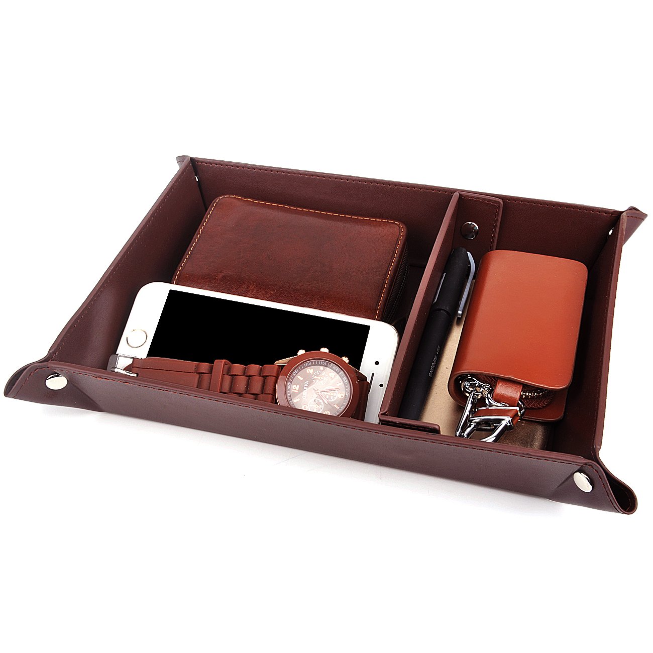 SPSHENG Valet Tray Jewelry Organizer,PU Leather Watch Box Coin Change Key Tray for Storage Coffee