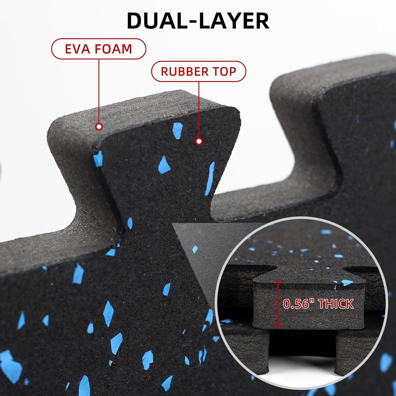 0.56in Thick 48 Sq Ft Exercise Equipment Mats, 12 Tiles Rubber Top EVA Foam Workout Mats, Interlocking Gym Flooring for Home Gym, 24 x 24in, Black & Blue