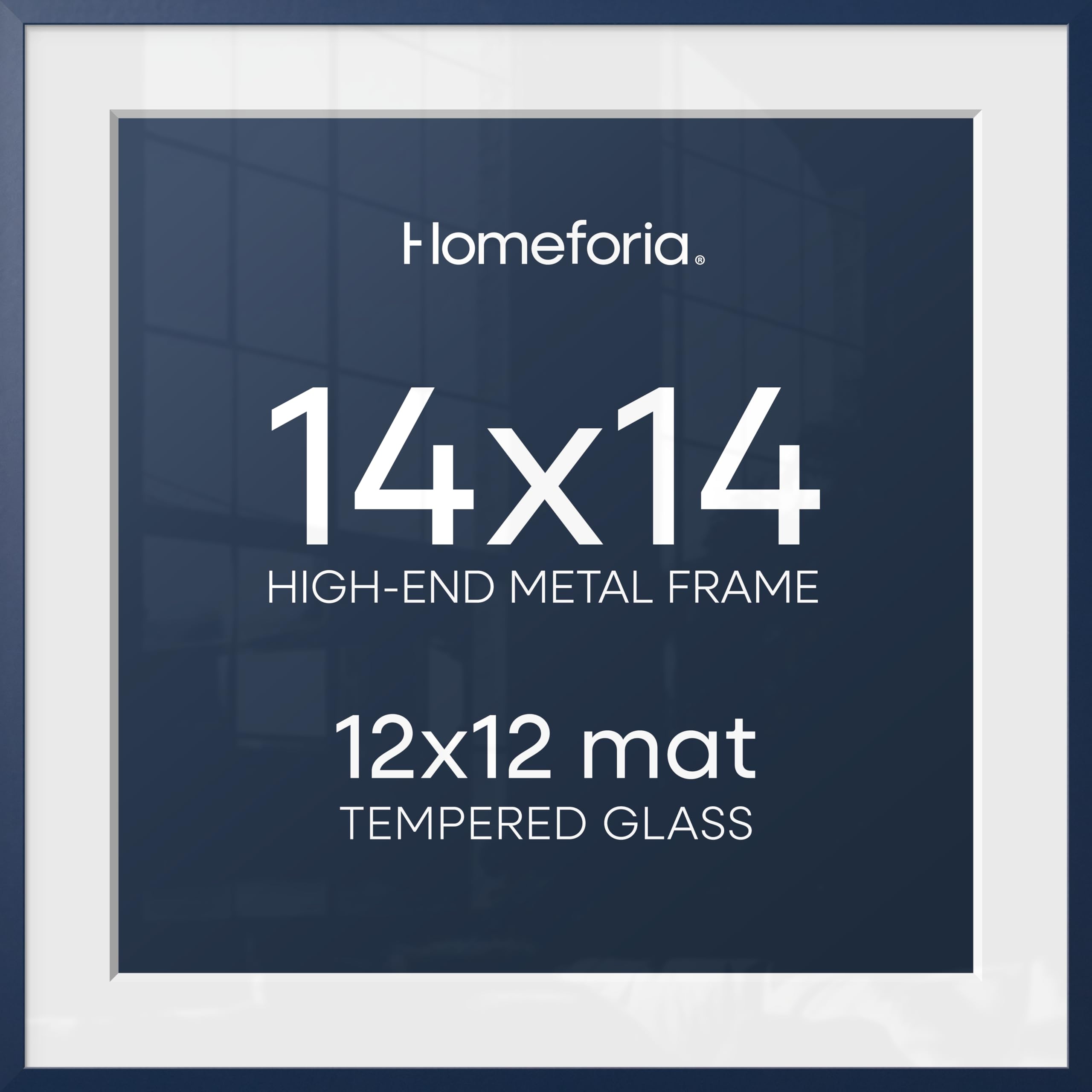 Homeforia 14x14 Blue Picture Frame, High-End Metal, 12x12 Mat, Glass | High End Aluminum, Tempered Glass, Acid-Free 12x12 Removable Mat, 14x14 in Edge-to-Edge Display 14x14, Wall Kit, Set Of 1