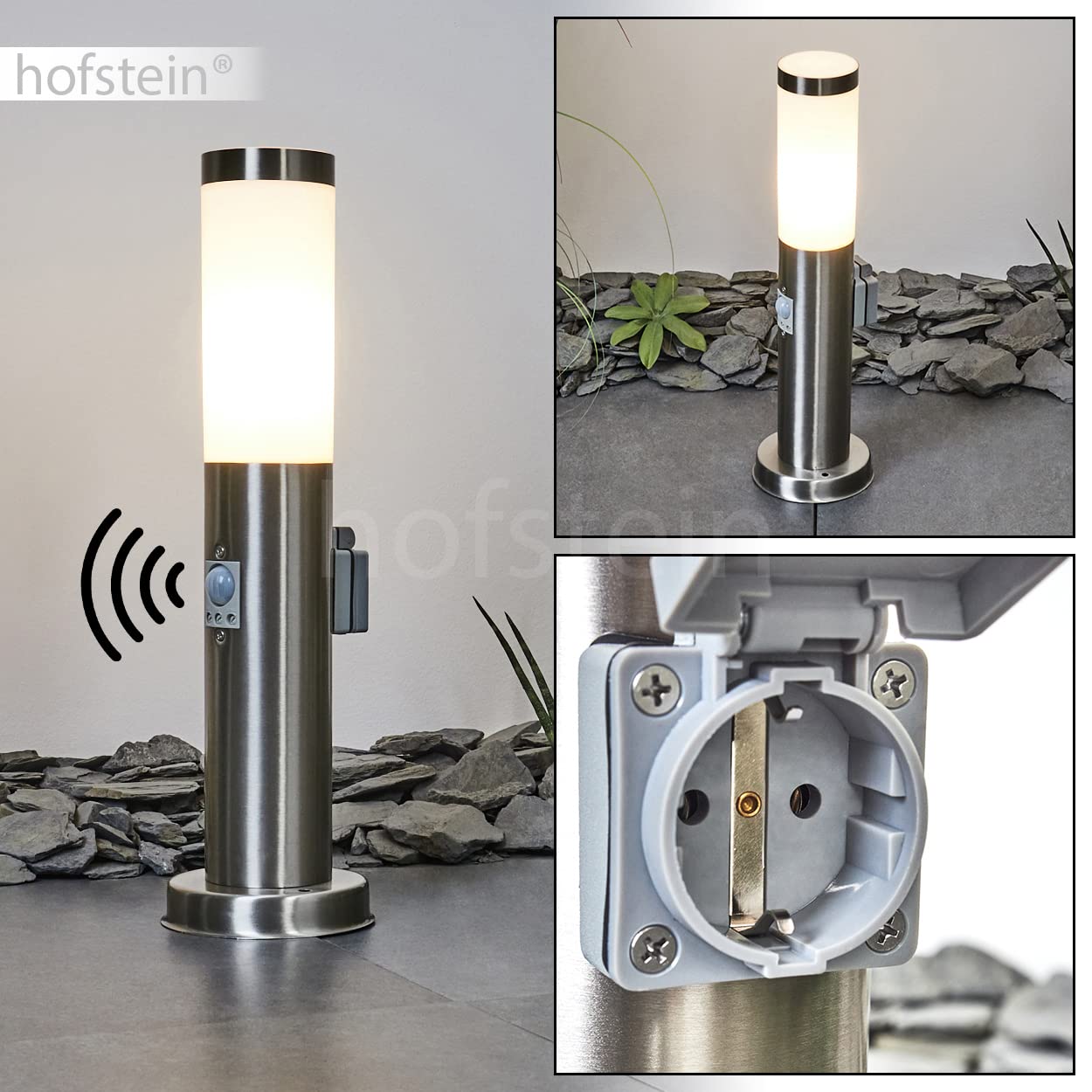 Lampada da esterno Sessa con rilevatore di movimento e presa di corrente, base in metallo/plastica in nichel opaco/bianco, luce di percorso 45,5 cm, lampada da giardino, E27, IP44,senza lampadina/e