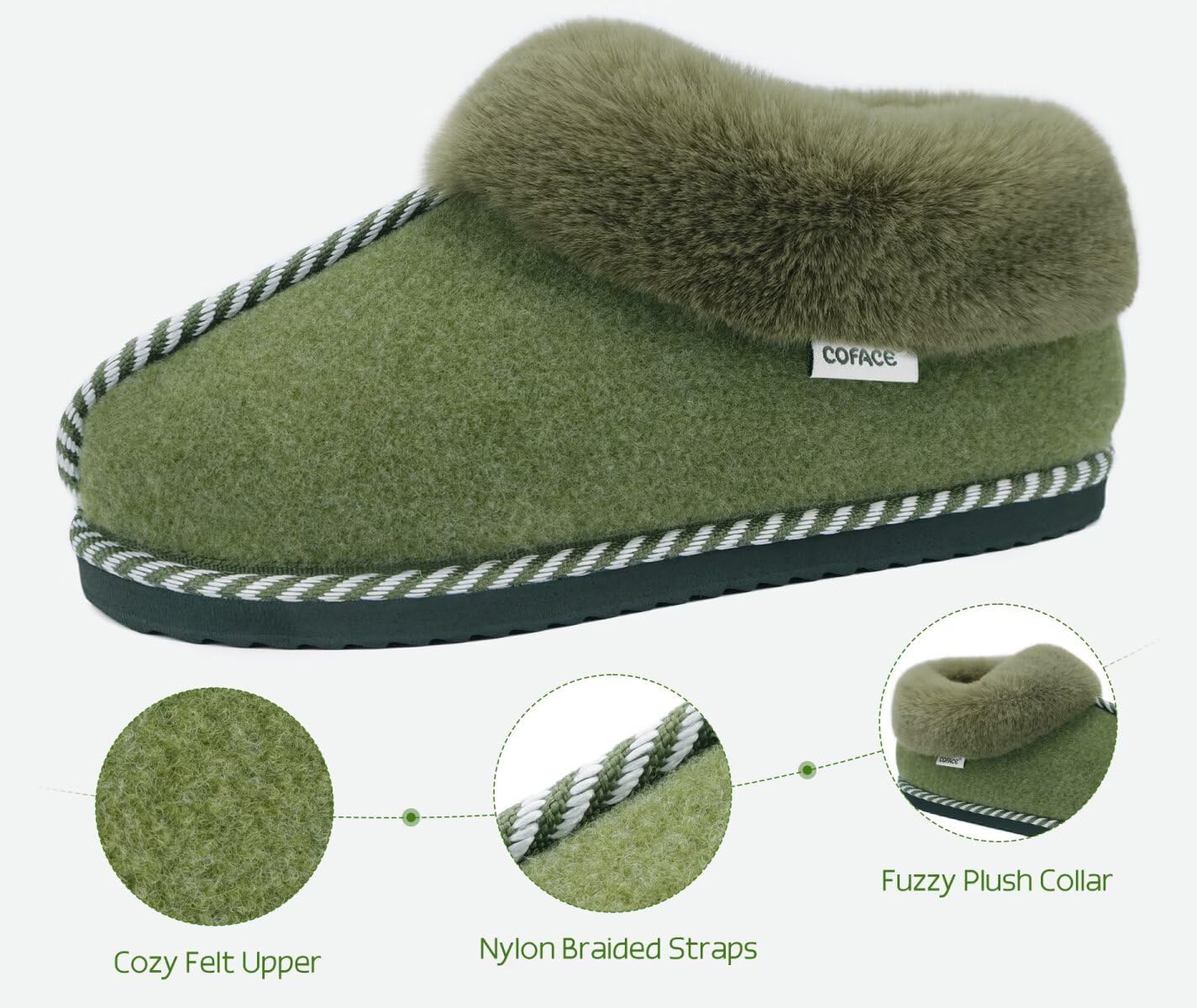 COFACE Womens Memory Foam Bootie Slippers Comfortable Fuzzy Collar Closed Toe Felt Upper Ladies Warm Faux Shearling Fluff Fur House Shoes for Winter Bedroom Indoor Outdoor Size 5-11 image 5
