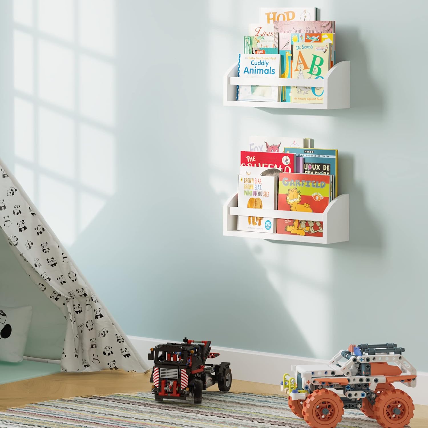 Wallniture Lissa Wall Shelf Wood Wall Mounted White Bookshelf for Nursery Decor, Kids Storage Organizer Set of 2