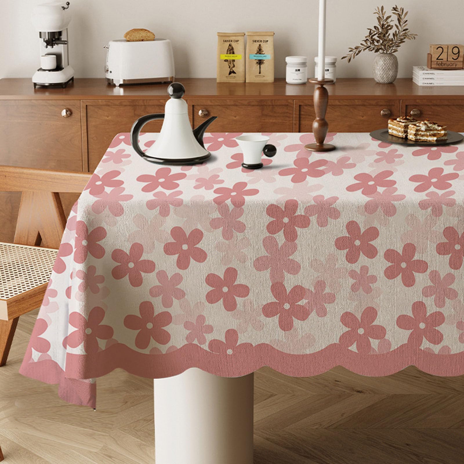 Odot Wipe Clean Tablecloths - Square, Stain Resistant Country Style Cotton and Linen Rectangular Table Cover for Kitchen, Dining, Coffee Table (Pink Flowers,140x140cm)