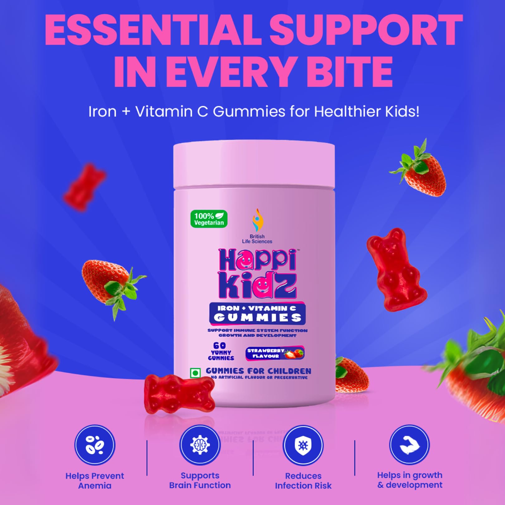 Happi Kidz Iron + Vitamin C Gummies For Kids-(120 Gummy Bears) -Supports Immune system function, Helps build red blood cells & overall growth and development (Pack of 2) 3