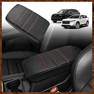 Muslogy for CRV 2023 Center Console Pad Armrest Cover Vegan Leather Extra Soft Accessories Armrest Protector Compatible with Honda CR-V LX EX Sport Hybrid EX-L Sport Touring (Black/Orange Trim)
