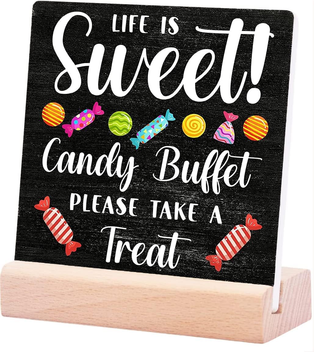 Generic Rustic Ceramic & Wood Tabletop Sign - Life is Sweet, Candy Buffet, Please Take a Treat - Tabletop Decor
