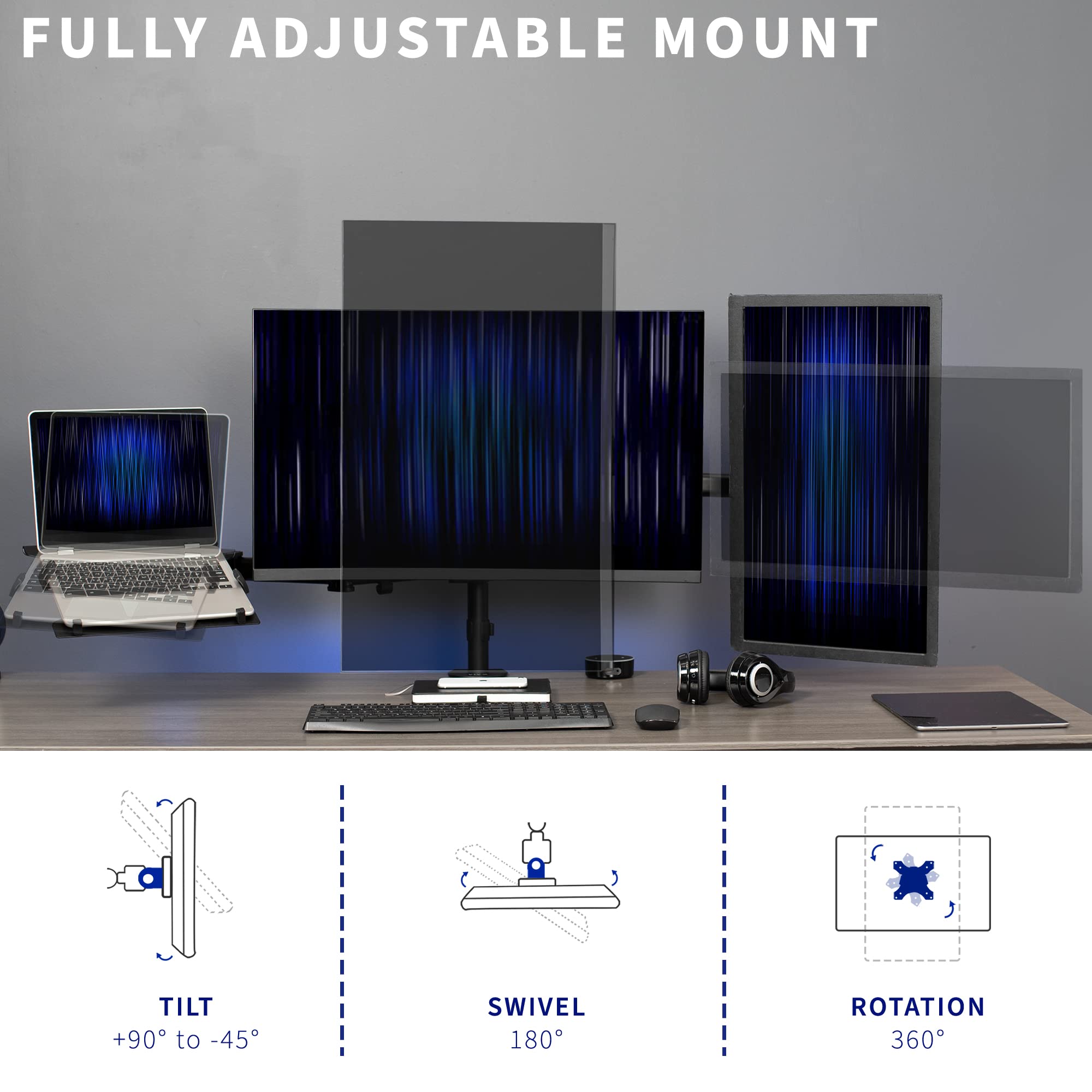 VIVO Podwójny monitor + uchwyt na laptopa do ekranów 13 do 27 cali i laptopów od 10 do 15,6 cala, potrójny ekran, ramiona przegubowe, czarny, STAND-V013L