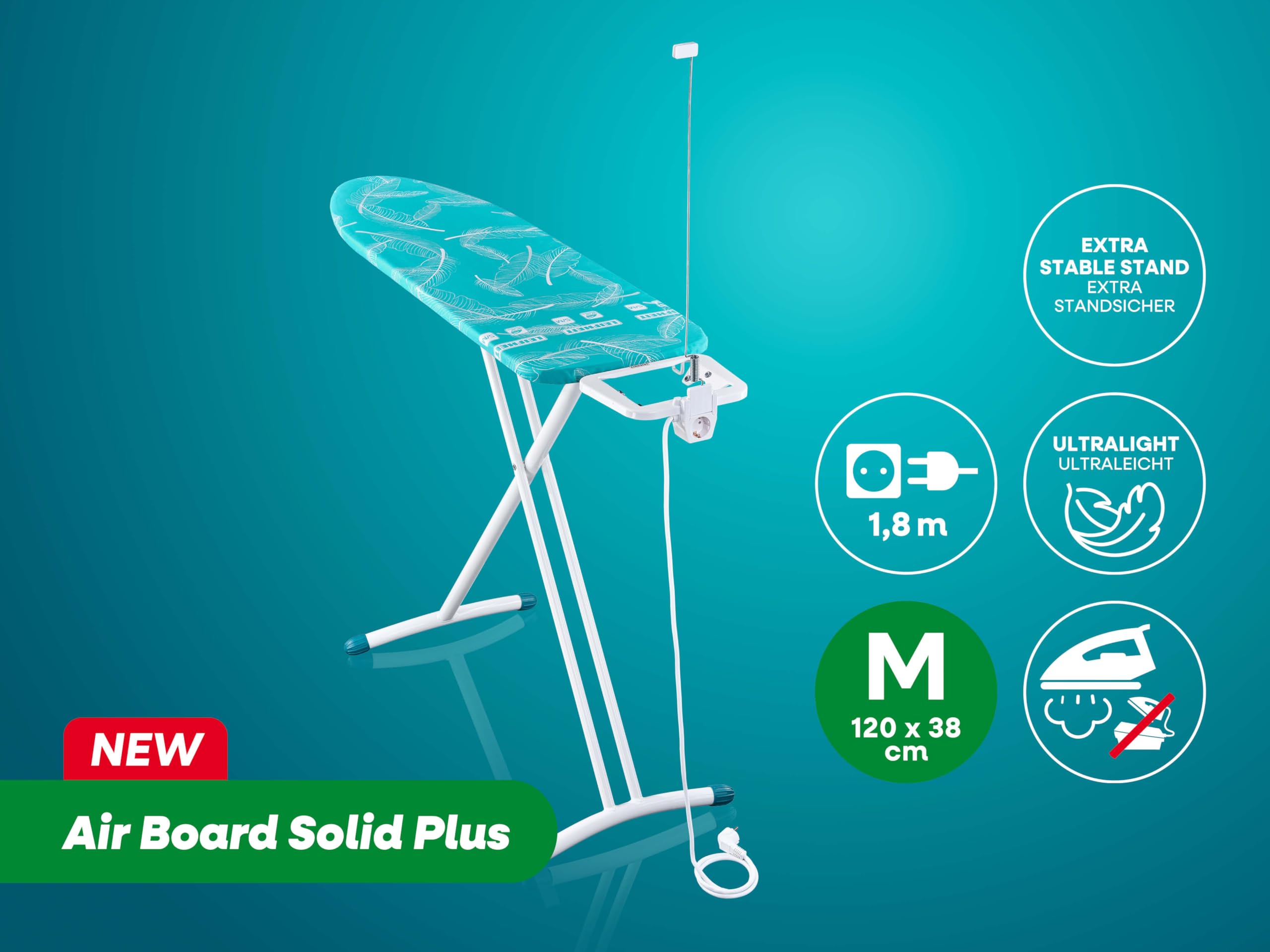 Leifheit Air Board M Solid Plus Bügeltisch 120 x 38 cm höhenverstellbar mit Steckdose und Kabelhalter