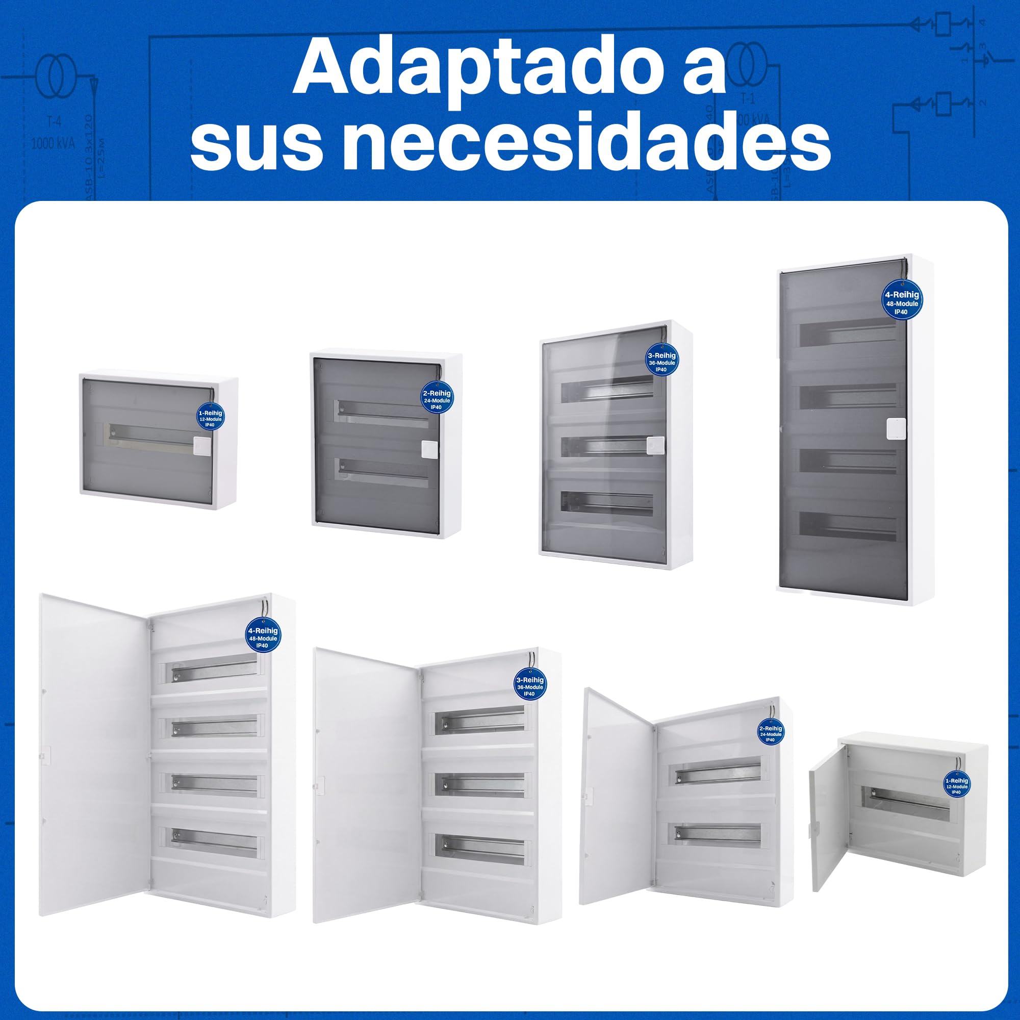 Intratec ALPHA Cuadro eléctrico de superficie 4 filas – Caja de distribución para 48 módulos con puerta transparente – Envolvente eléctrica con carril DIN para hogar y profesional – 650 x 310 x 96 mm
