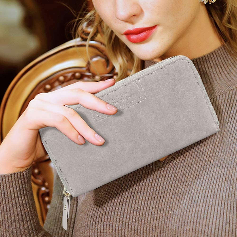 Cartera de pulsera para mujer, cartera de piel sintética vegana con cremallera alrededor del teléfono, tarjetero organizador, C-gris, Cartera con tarjetero 7