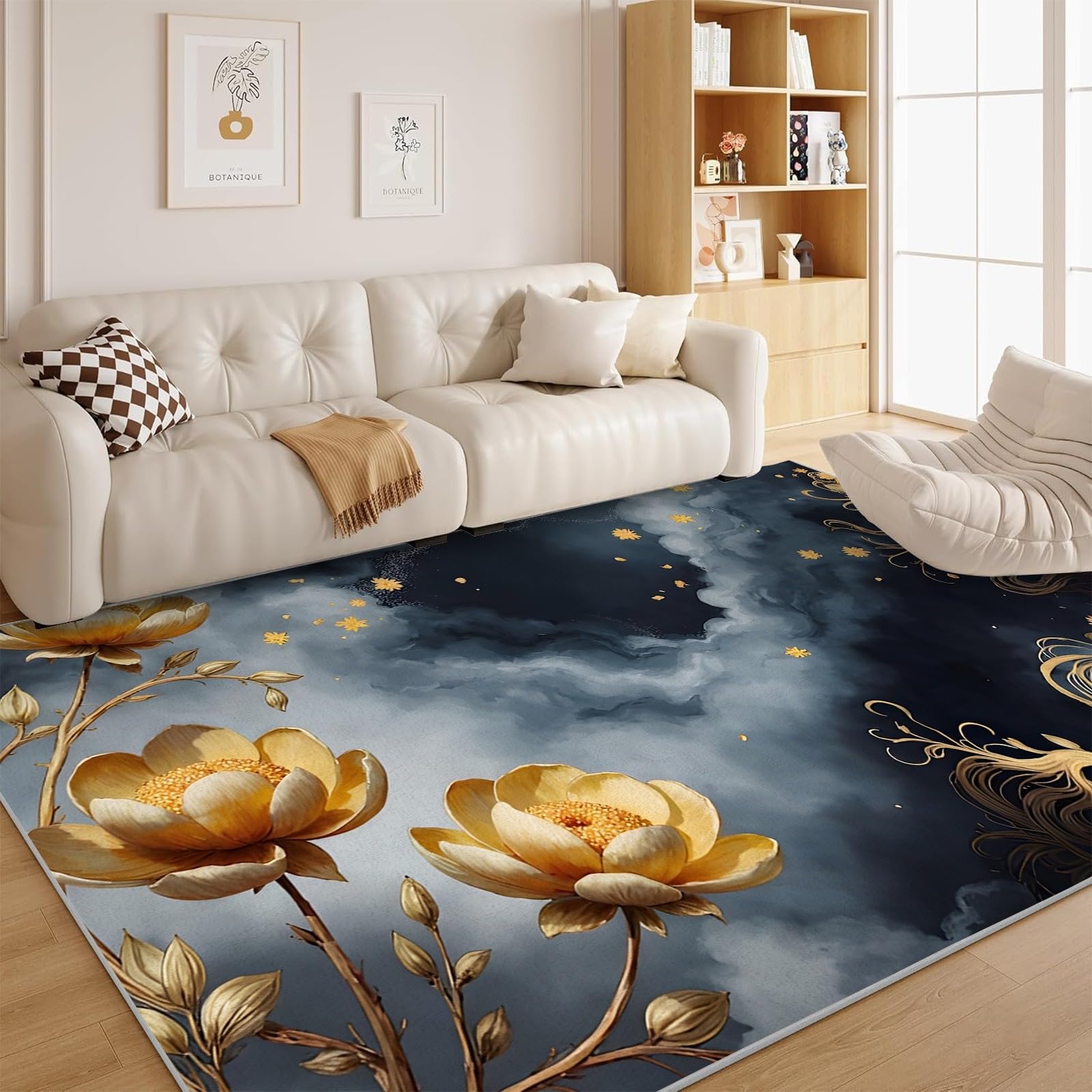 Tapis salon 180x240 anti-tache lavable motif floral doré bleu
