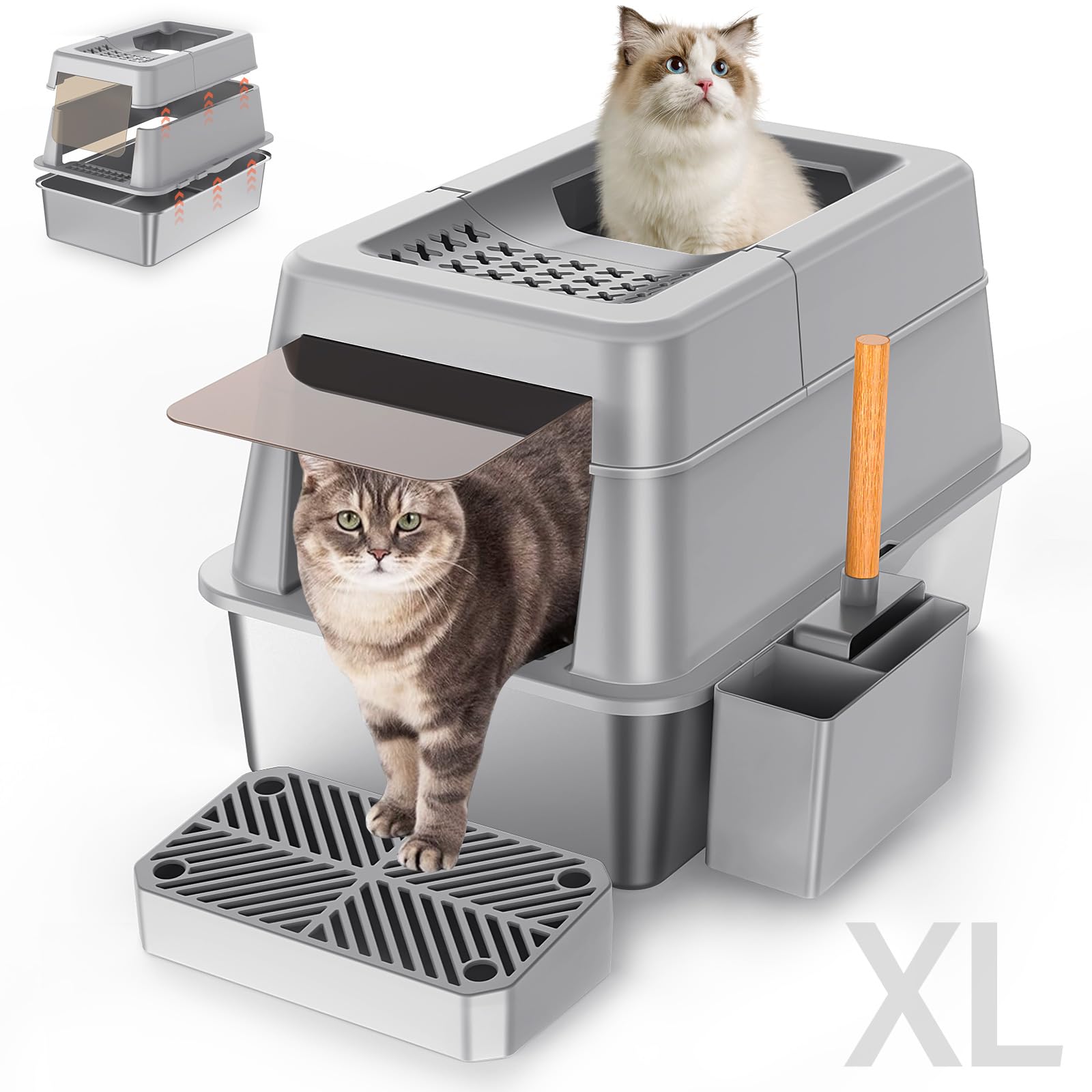 Stainless Steel Litter Box with Lid, XL Extra Large Enclosed Cat Litter Box Fits All Cats Modular Design with Flip Cover, Top Entry Metal High Sided Cat Box & Pedal & Scoop (Grey)