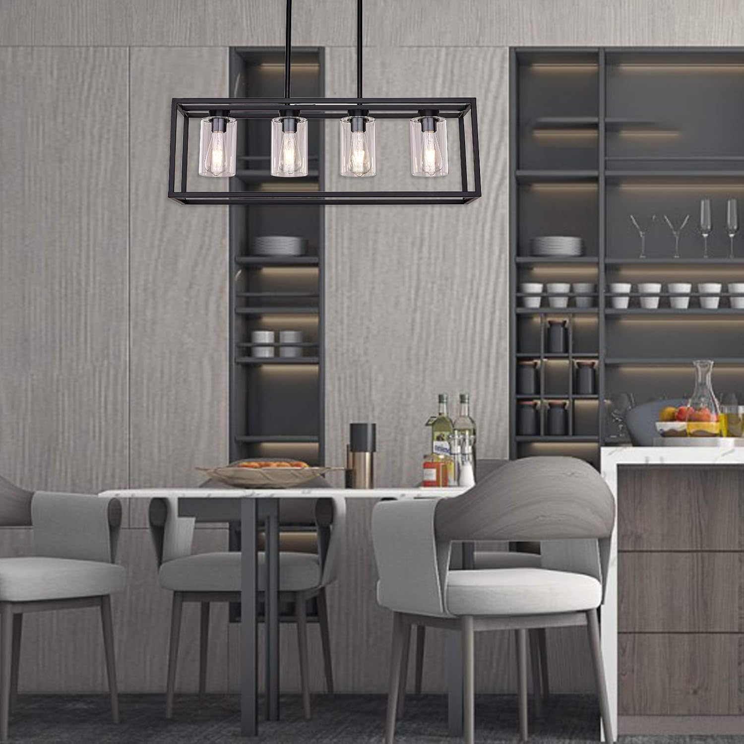 XILICON Black Dining Room Chandeliers Lighting Fixture Linear Pendant Modern 4-Light with Glass Shades Vintage Farmhouse Ceiling Light Hanging for Kitchen Island Cafe Bar