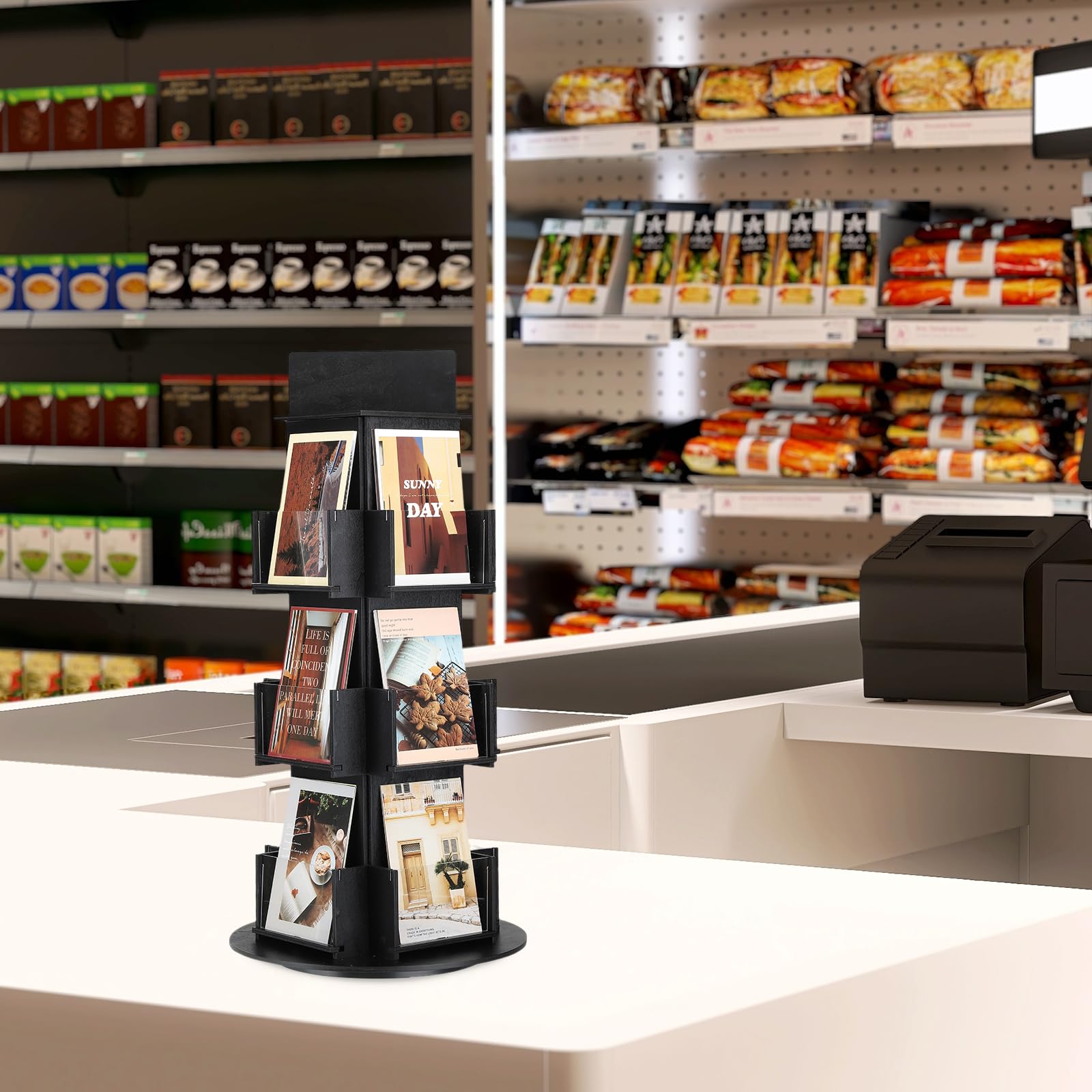 PATIKIL Portacarte Girevole, Supporto Girevole A 3 Livelli in Legno per Cartoline Portacarte per caffè Tavolo Retail, Nero