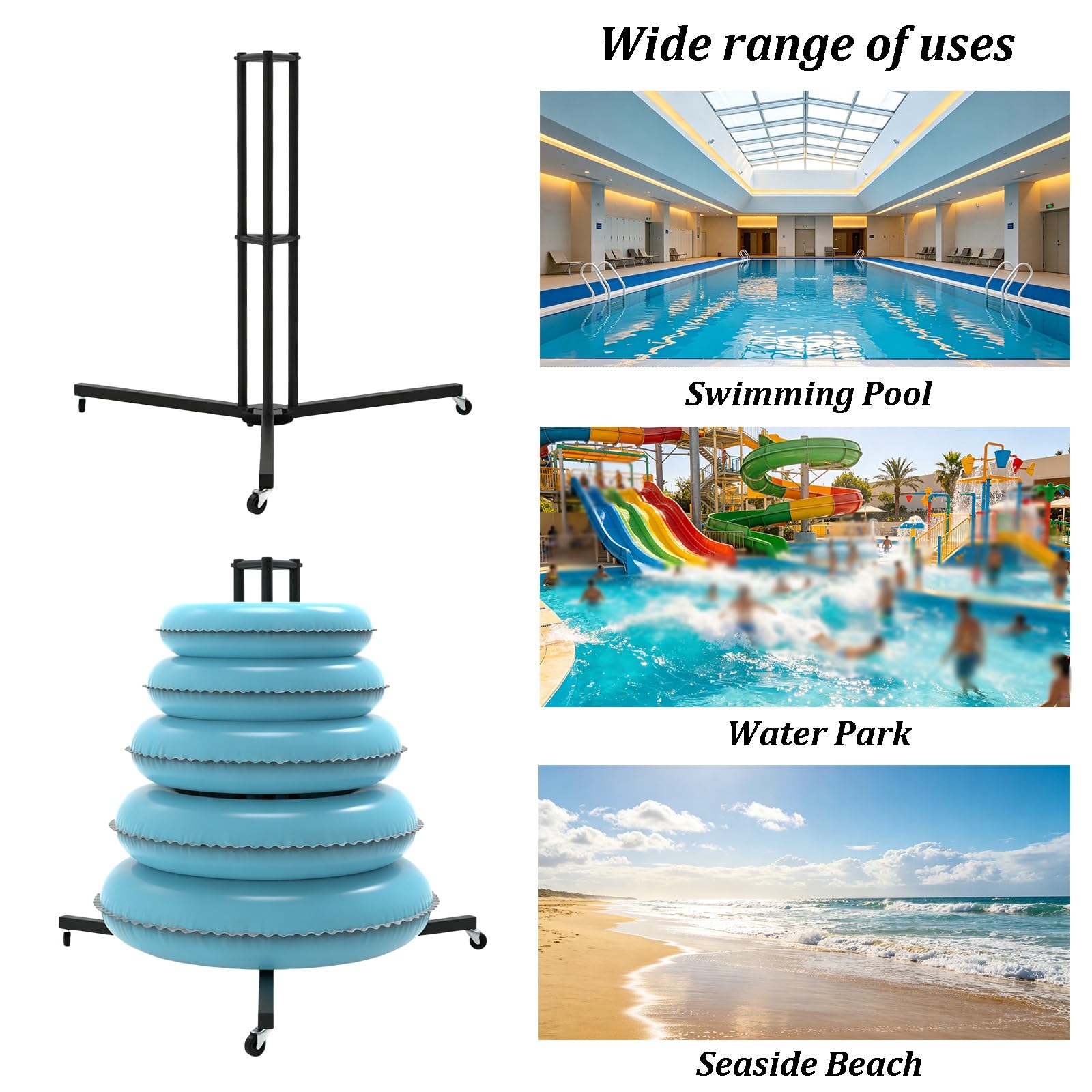 Estante De Almacenamiento para Flotadores De Piscina con Ruedas Giratorias Y Organizador Metálico De Pie para Equipos, Incluye Repisa De Secado, para Parques Acuáticos