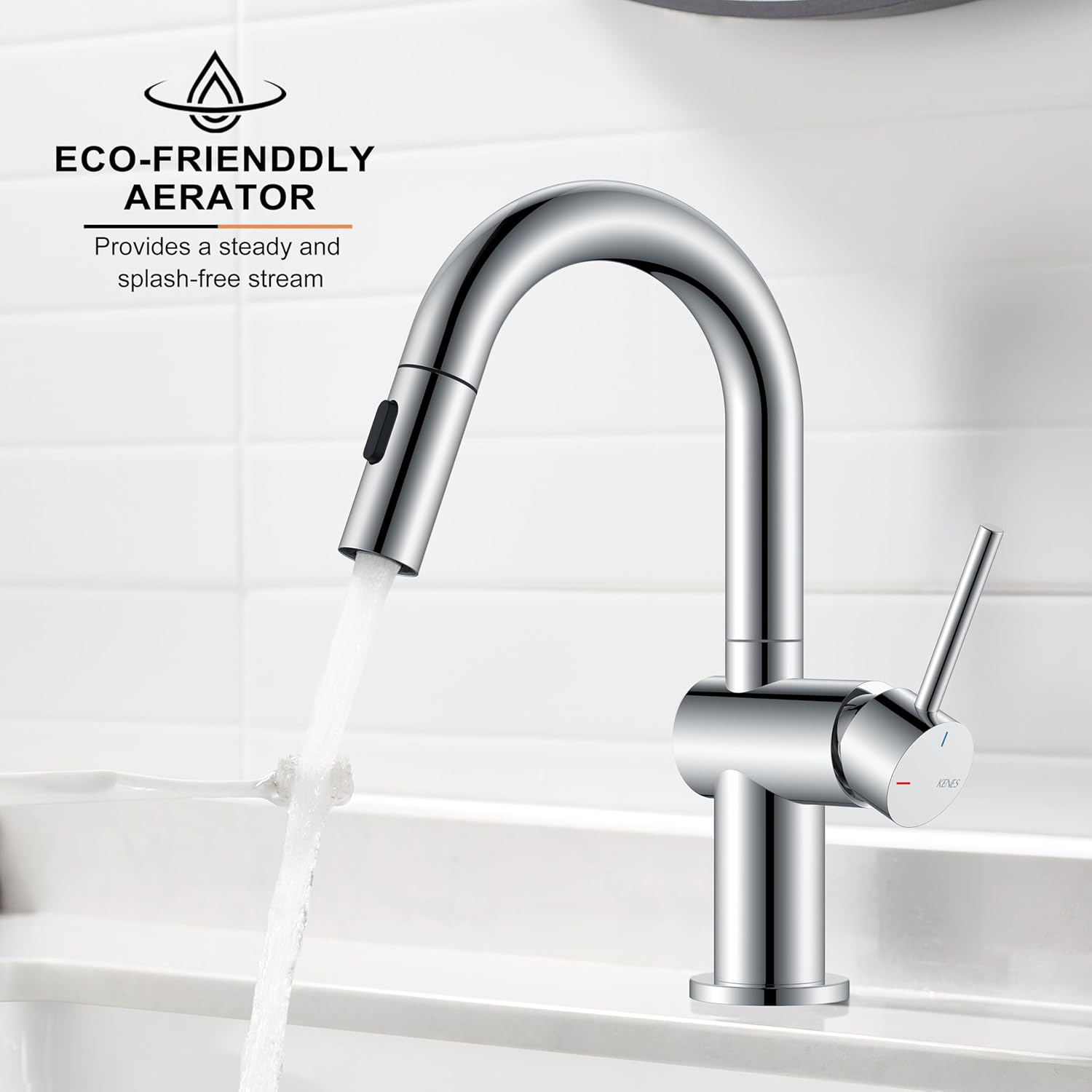 KENES Pull Out Bathroom Sink Faucet, Polished Chrome Single Handle Bathroom Faucet with Pull Down Sprayer, Vanity Bar Faucet with Pop Up Drain & Deck Plate, KE-9065B-5 - Image 9