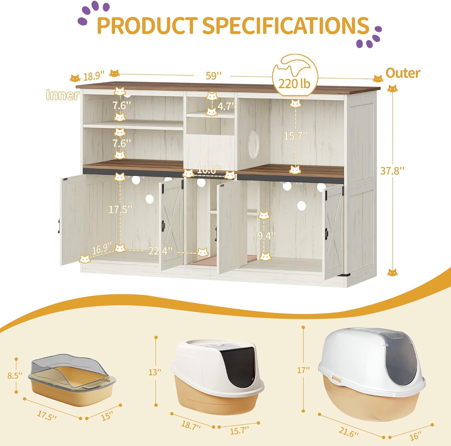 Hzuaneri Double Cat Litter Box Enclosure for 2 Cats, Cat Cabinet with Large Storage Space, Hidden Litter Box with Scratch Pad, Farmhouse Cats House, TV Stand End Table, Rustic Brown and White CB97014X