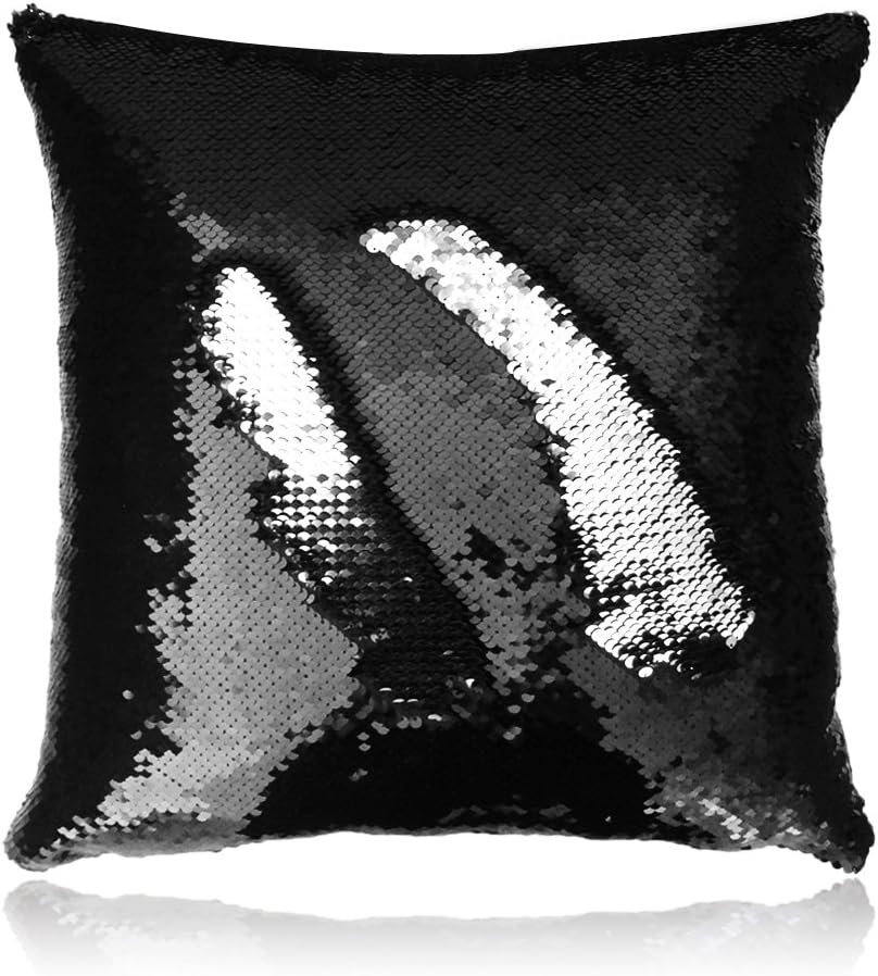 Black and Silver Mermaid Seqiom Throw Pillow Cushion,18"x18" Two-Color Reversible Sequins Decorative Pillows Cases