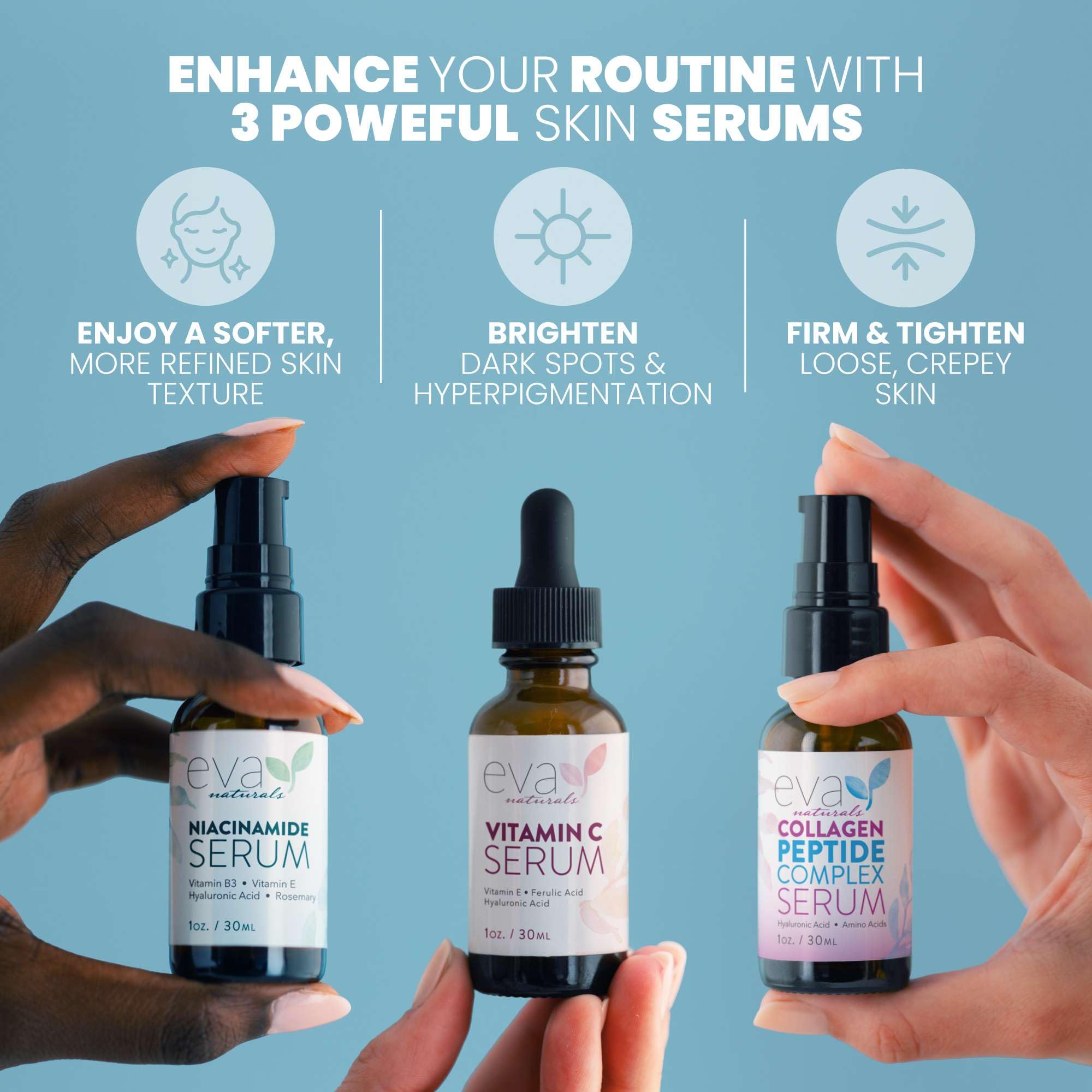 Eva Naturals Natural Firm & Glow Gesichtsserum – 3er-Set mit 20% Vitamin-C-Serum, Peptid-Komplex-Serum, Niacinamid-Vitamin-B3-Serum – Aufhellung des Teints und Faltenglättung