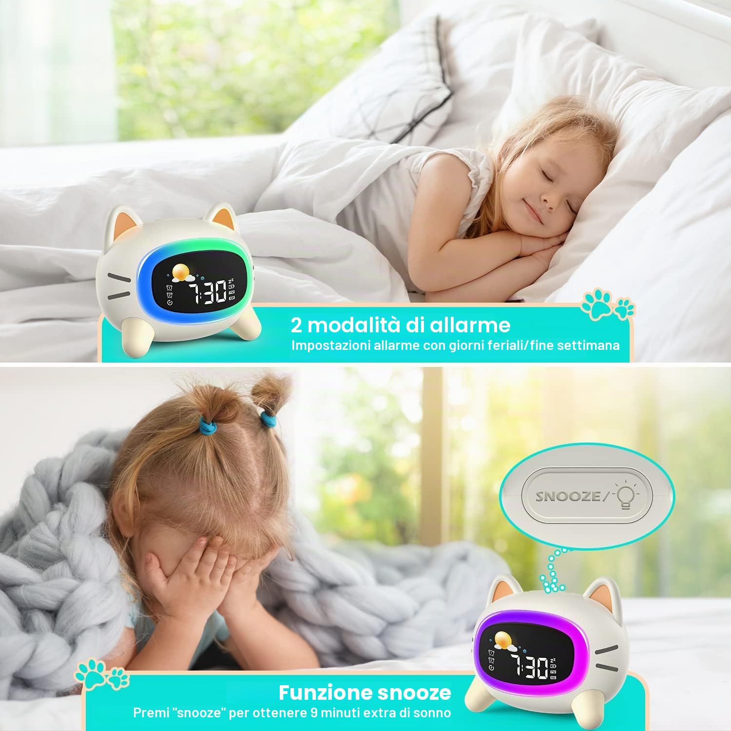 LEMNOI SG5 Sveglia per Bambini, 3 Luminosità 5 luce notturna 7 Musica, Sveglia Digitale per Bambini, Funzione di Ricarica, sveglia da comodino digitale, allenamento del sonno per i bambini (gatto)