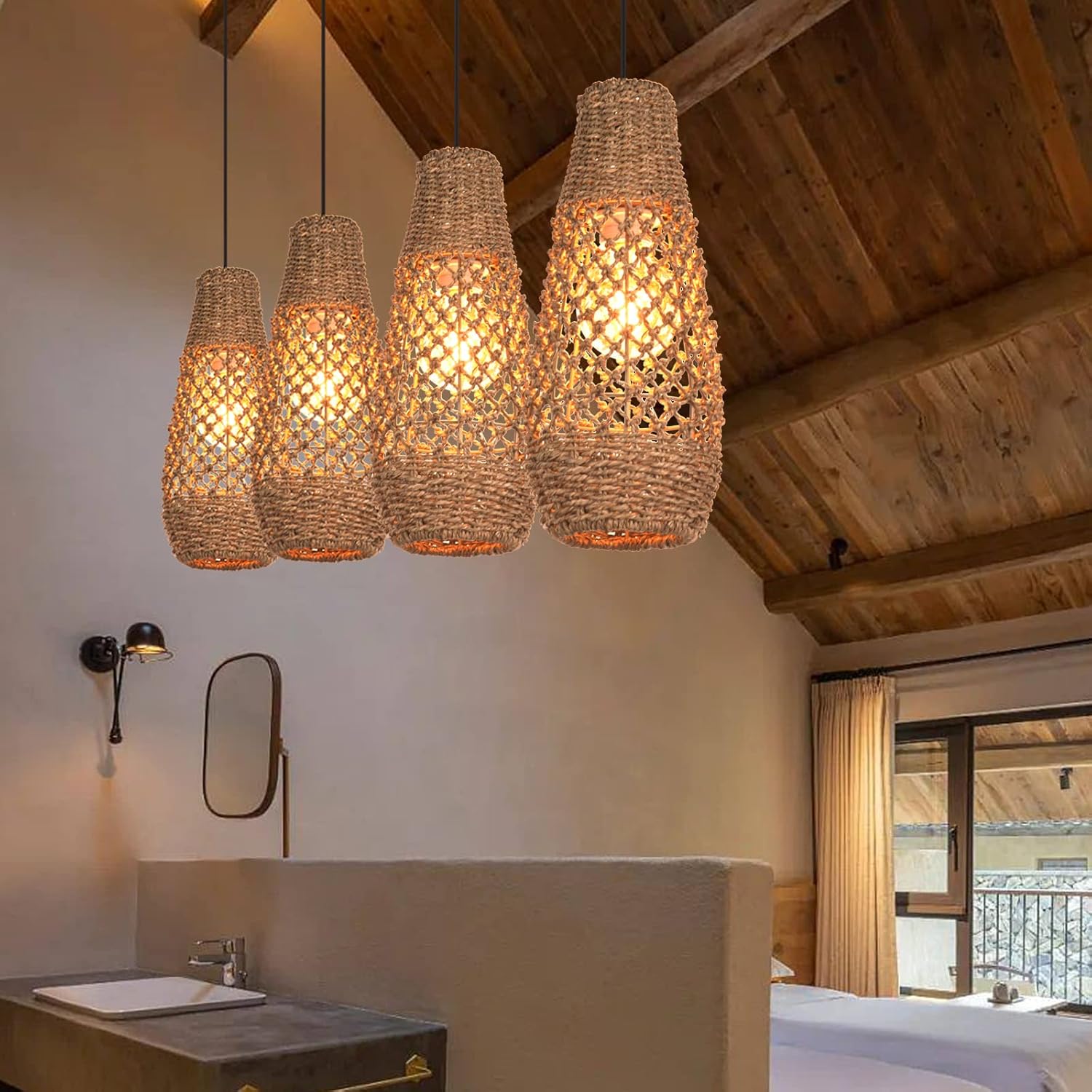 Arturesthome 1 Light Boho Rattan Pendant Light Fixtures, Mini Farmhouse Natural Chandelier Pendant Light, Retro Wicker Hanging Lamp for Kitchen Island