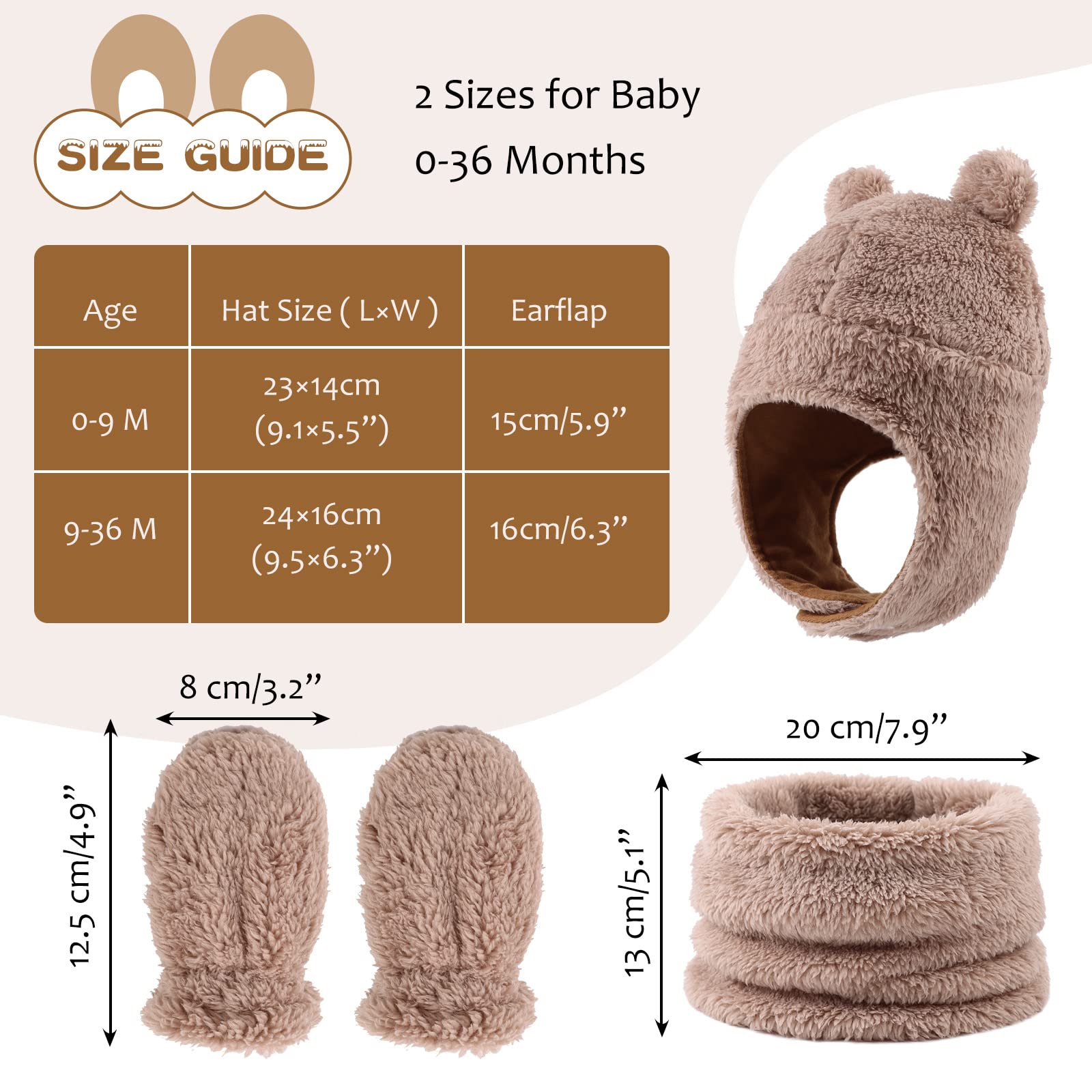 Fleece Baby Hat Scarf Mitten Set Winter Toddler Beanie Warm Mittens Infant Scarves Ears Earflap Hats for Baby Boys Girls